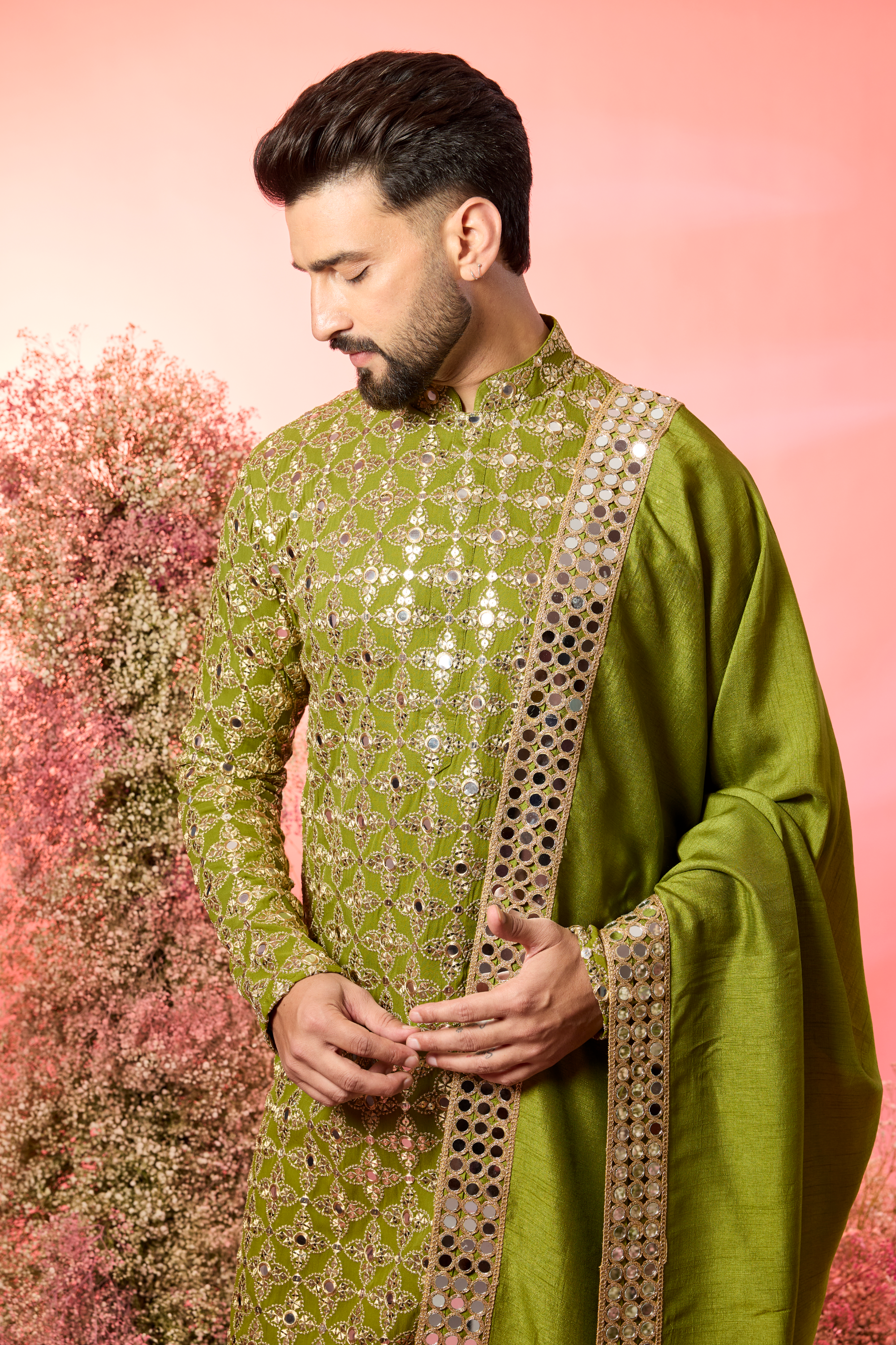 signature green mirror work kurta with stole