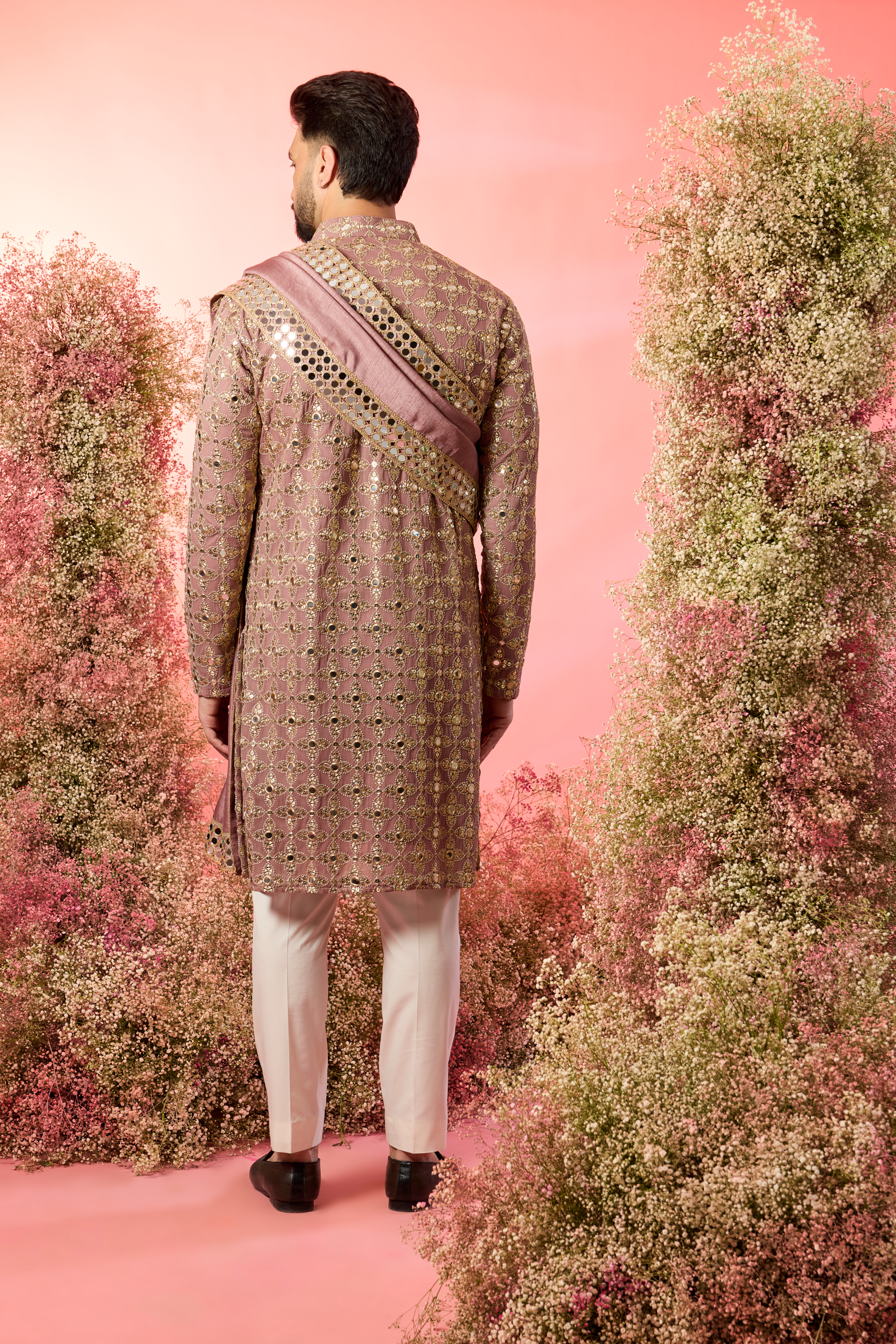signature purple mirror work kurta with stole