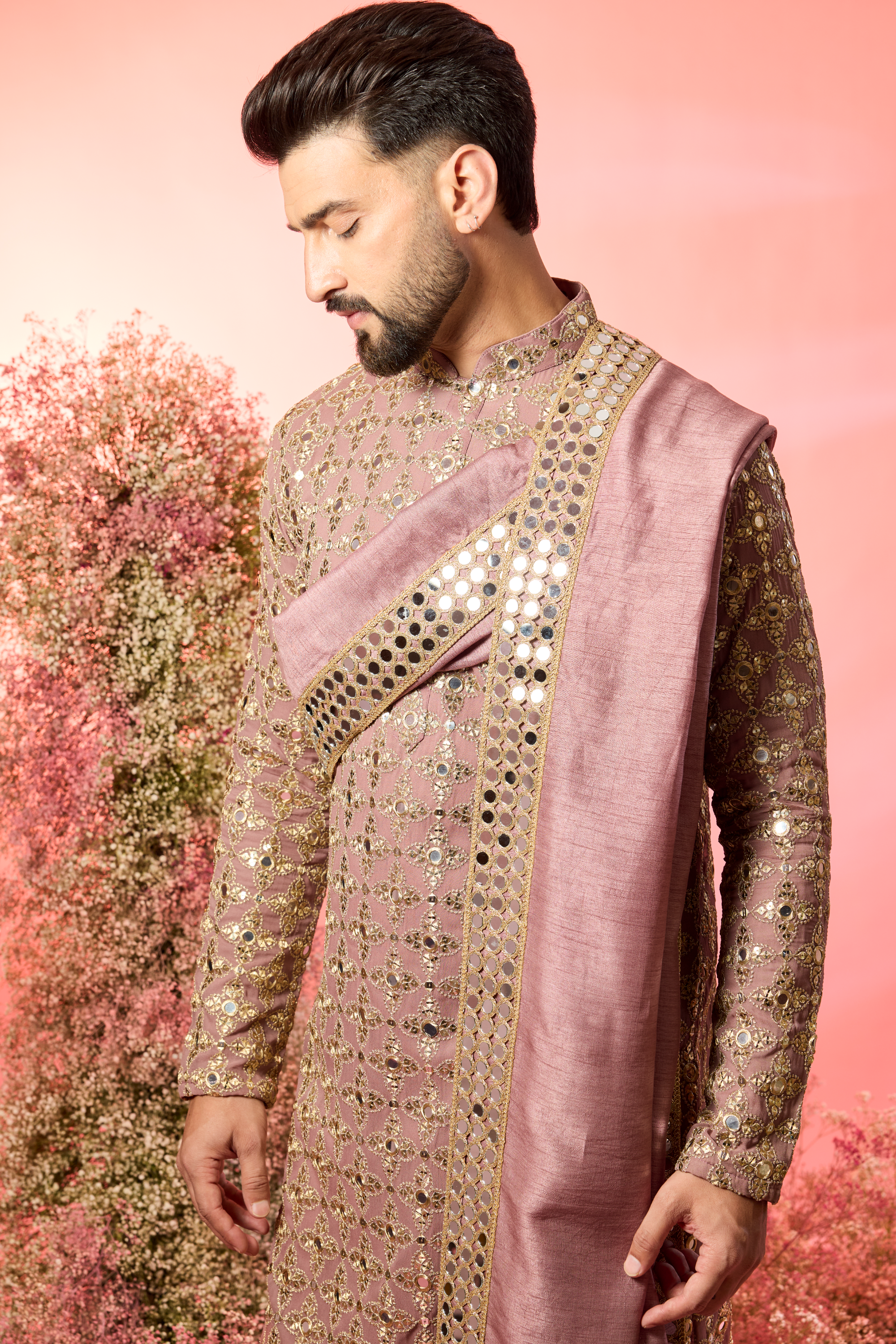 signature purple mirror work kurta with stole