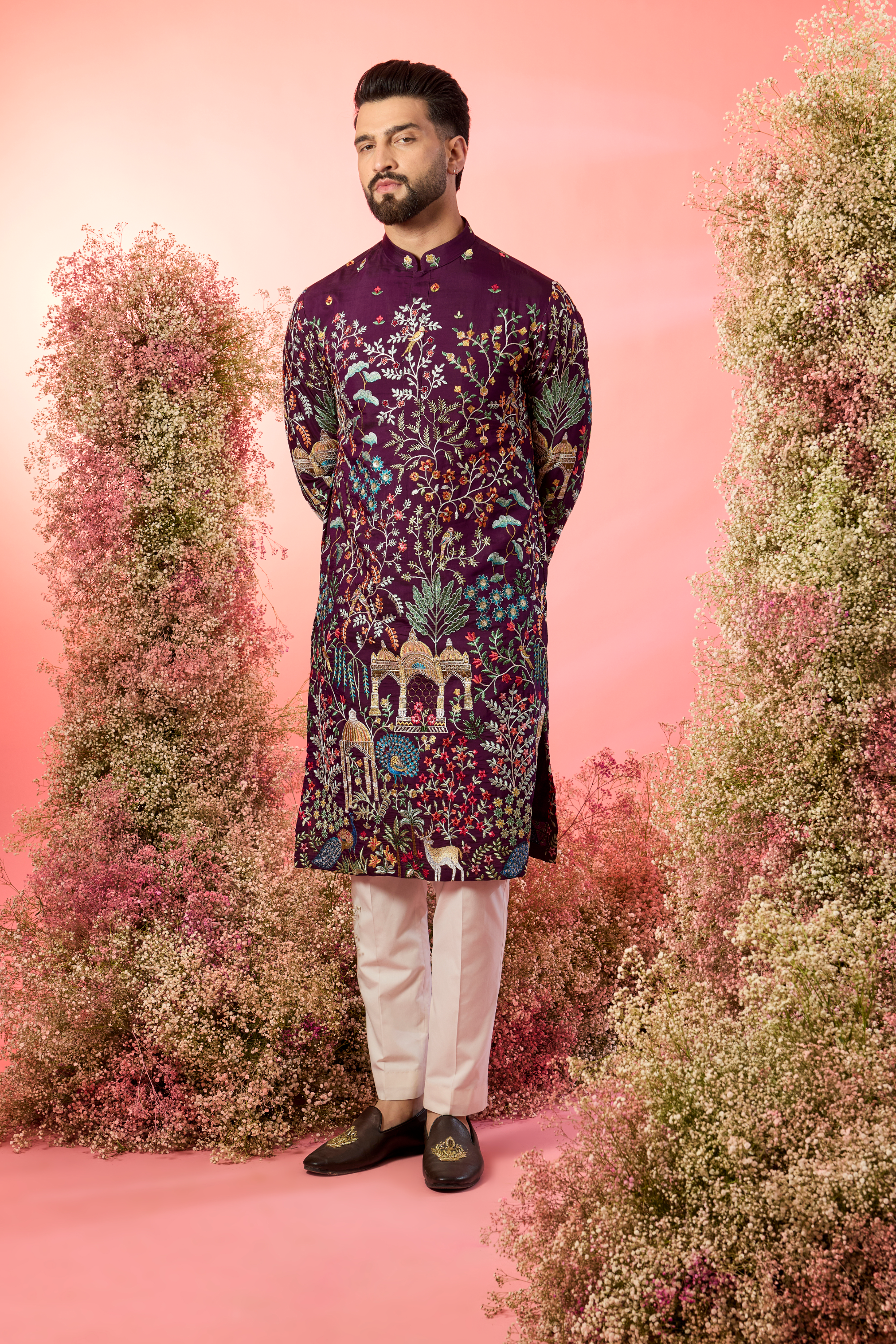 wine thread work kurta with intricate heritage - flora and fauna embroidery