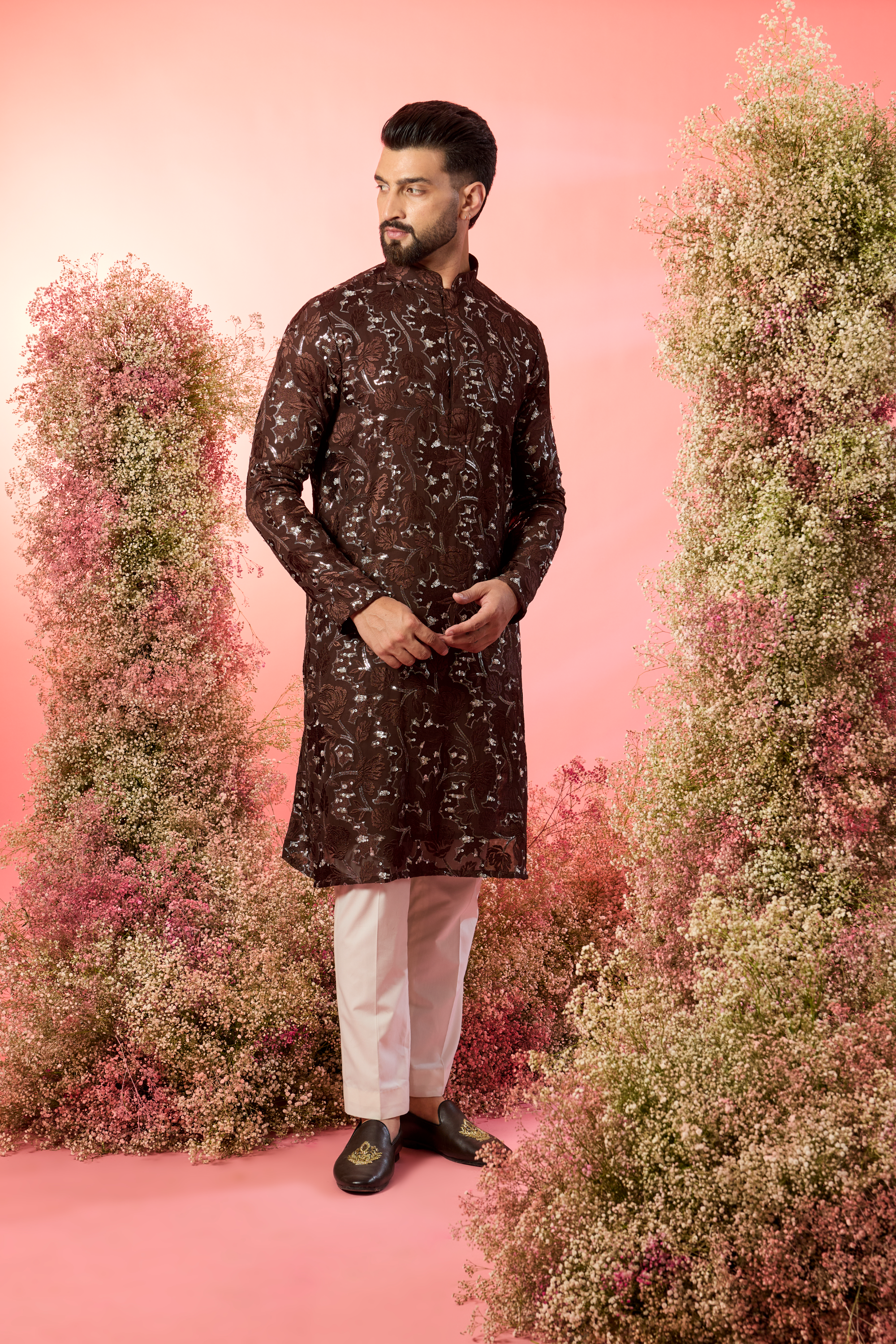 brown sequined kurta with delicate floral embroidery