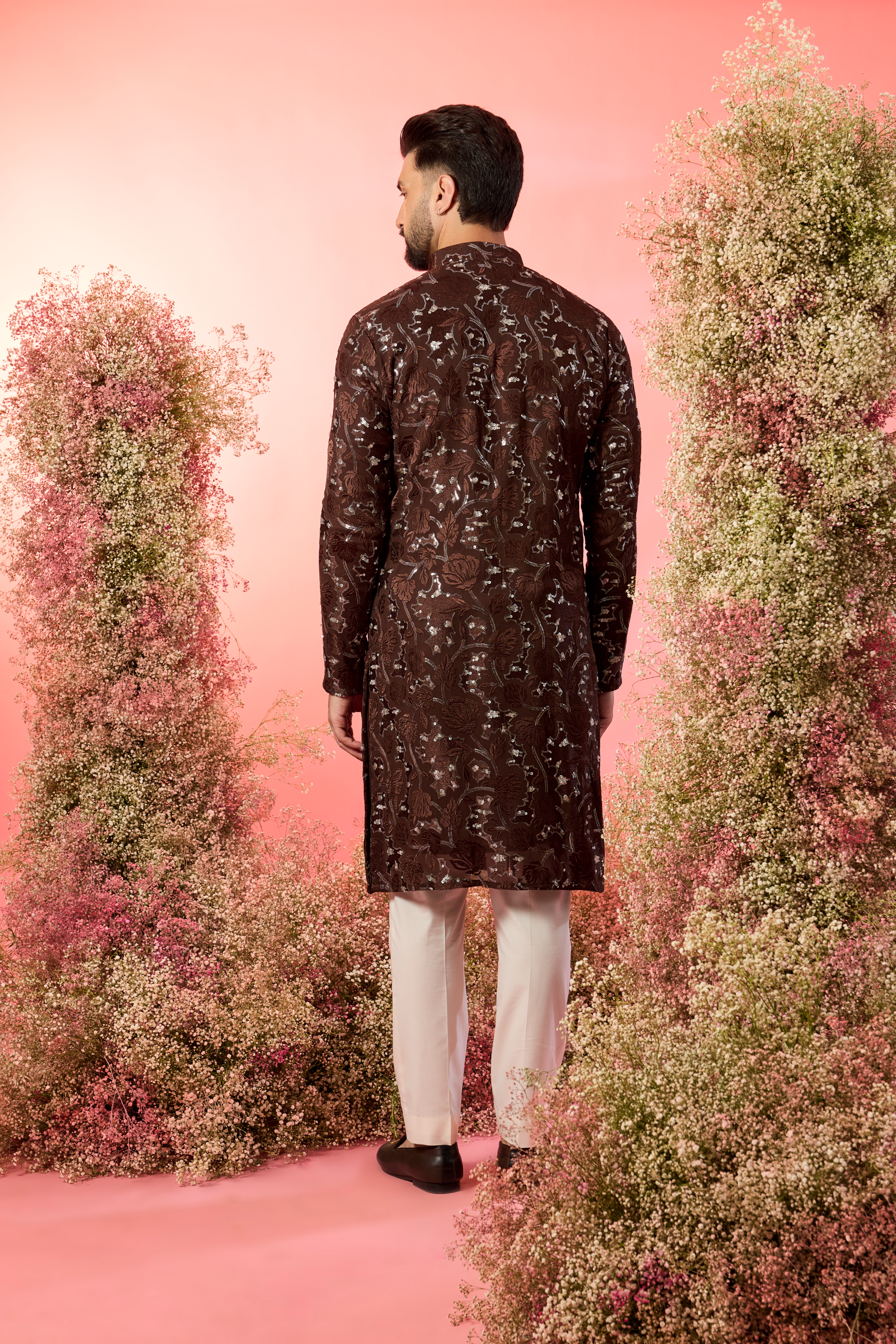 brown sequined kurta with delicate floral embroidery