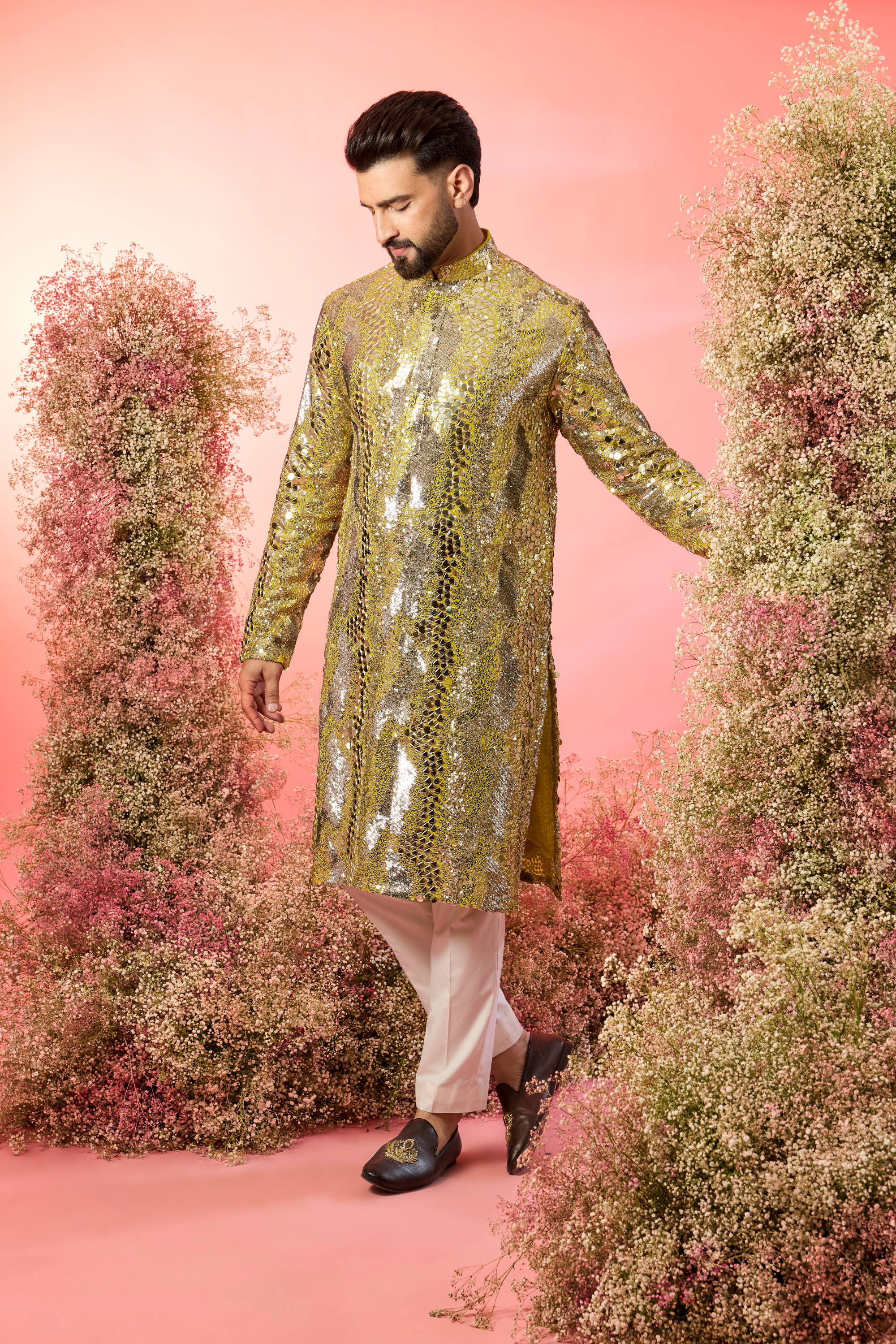 yellow abstract kurta with heavy sequin embroidery