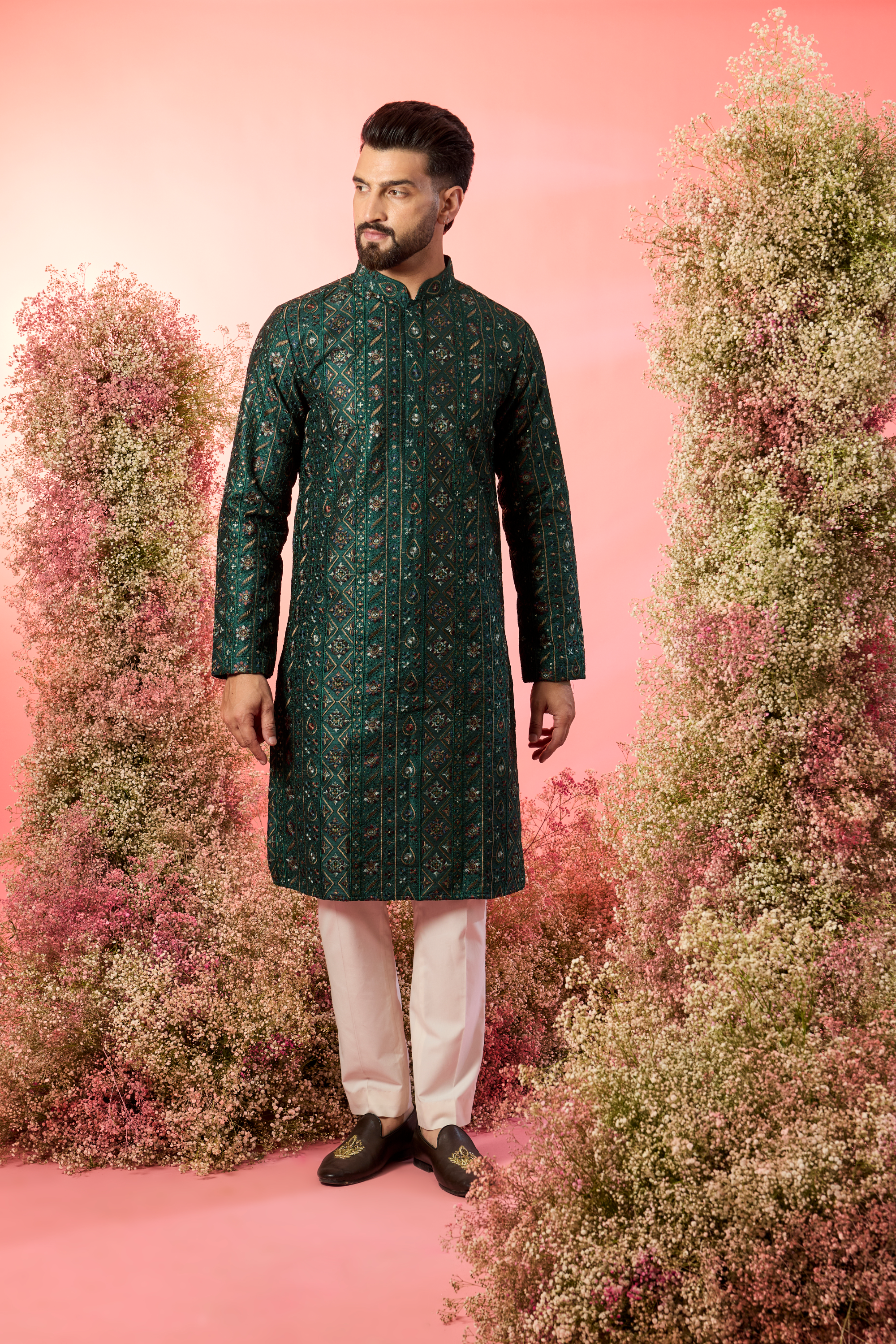 bottle green chikankari kurta intricate multi thread work