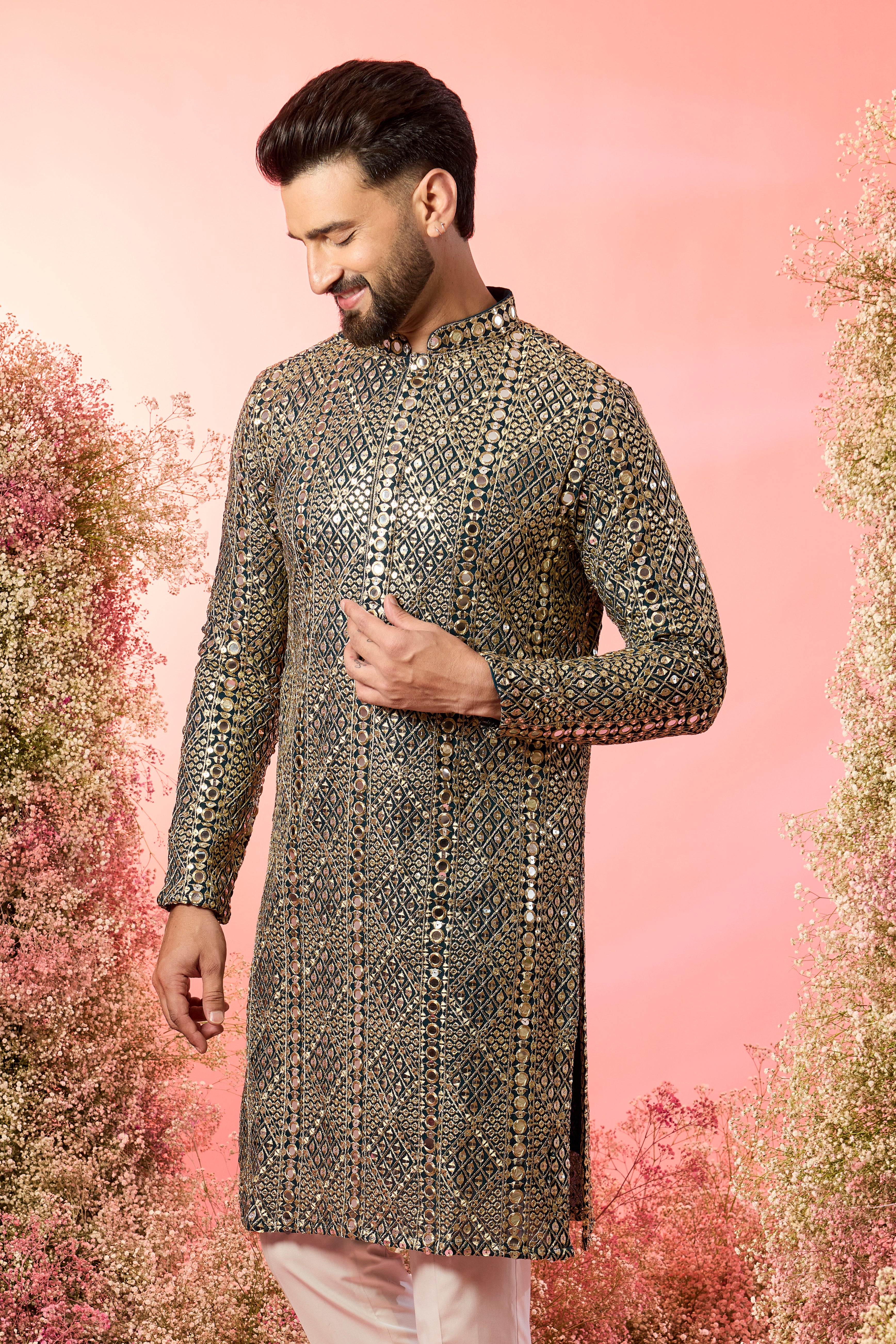 signature bottle green mirror work kurta with heavy zari work