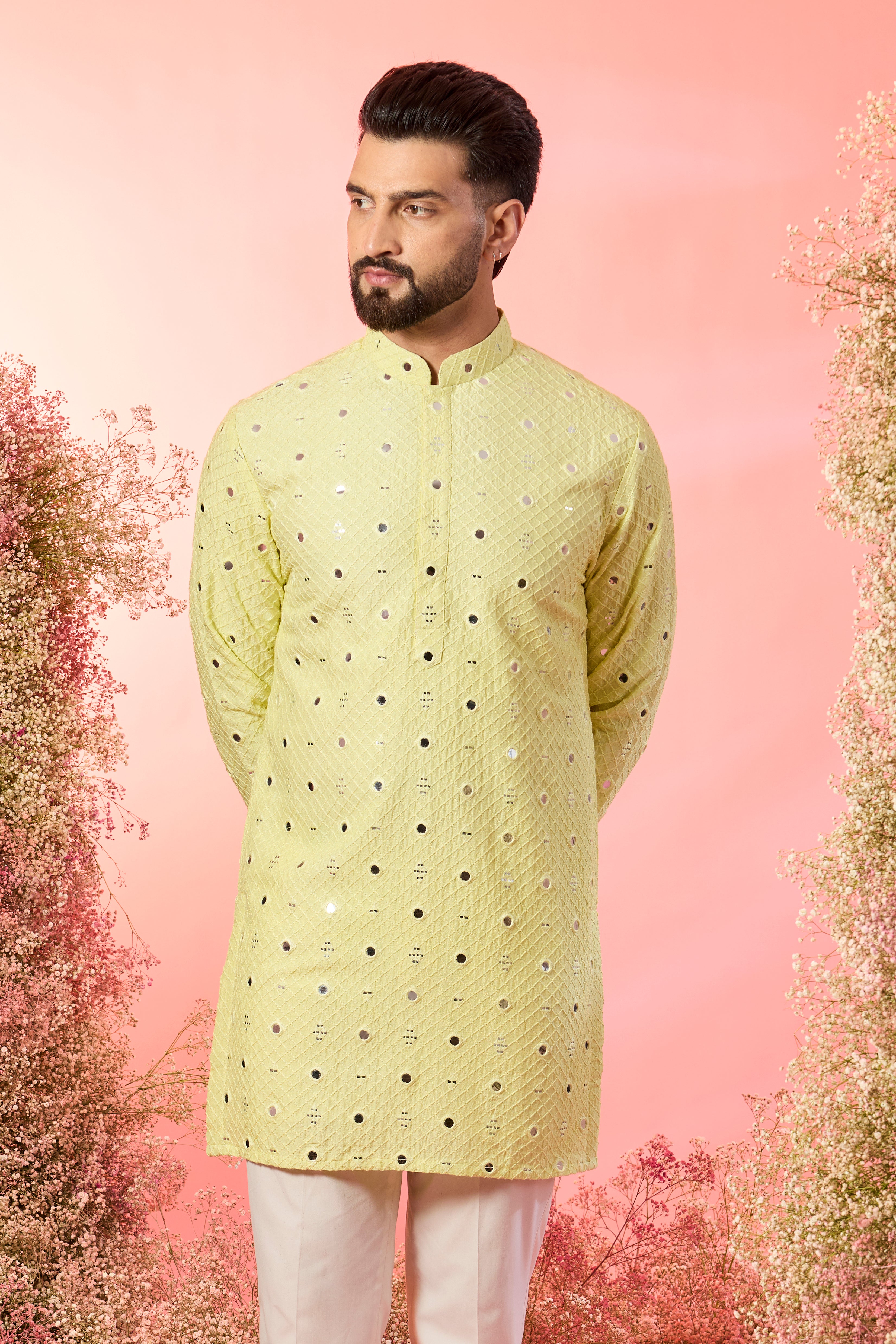 yellow short kurta with delicate mirror work