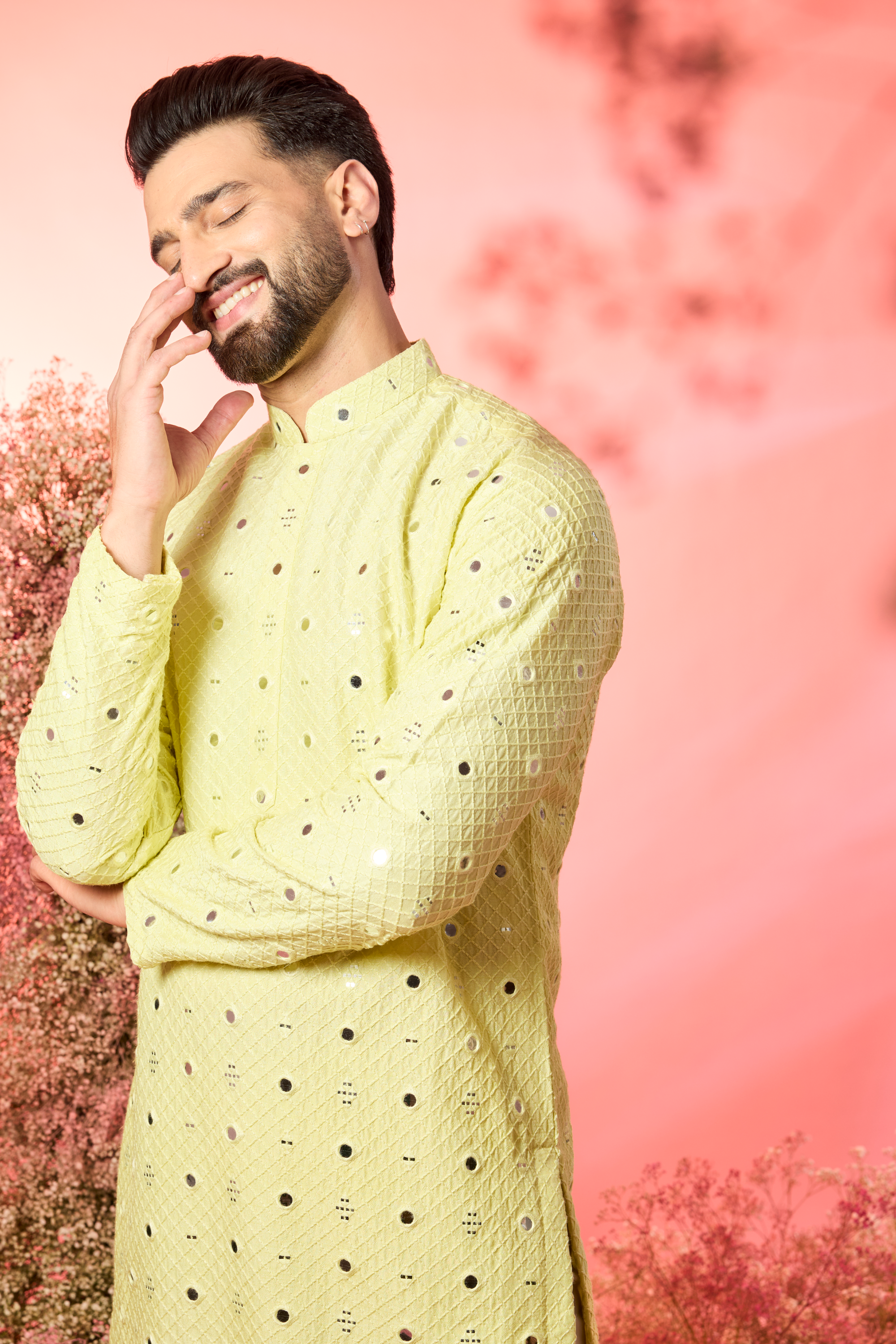 yellow short kurta with delicate mirror work