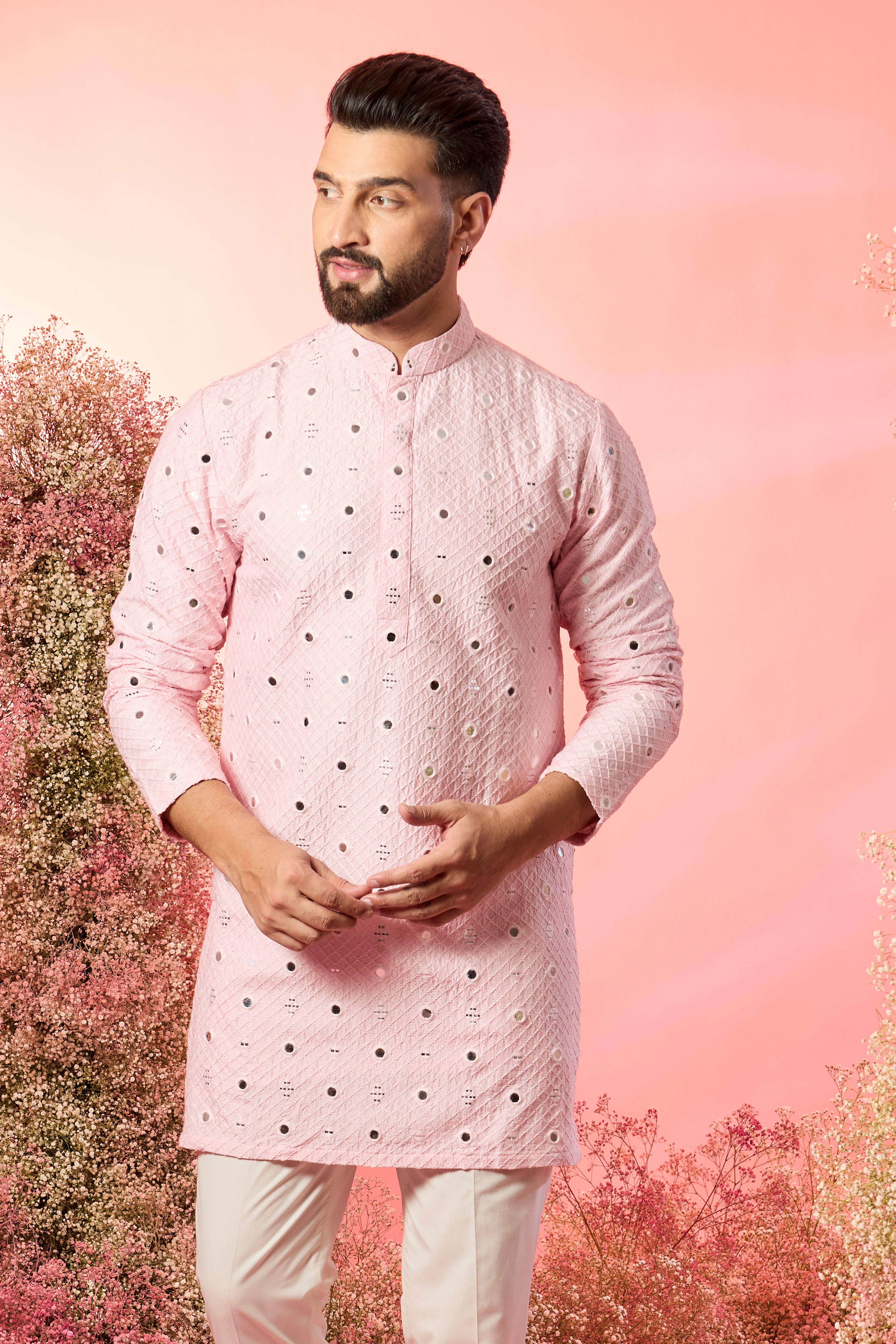pink short mirror work kurta with delicate mirror work embroidery