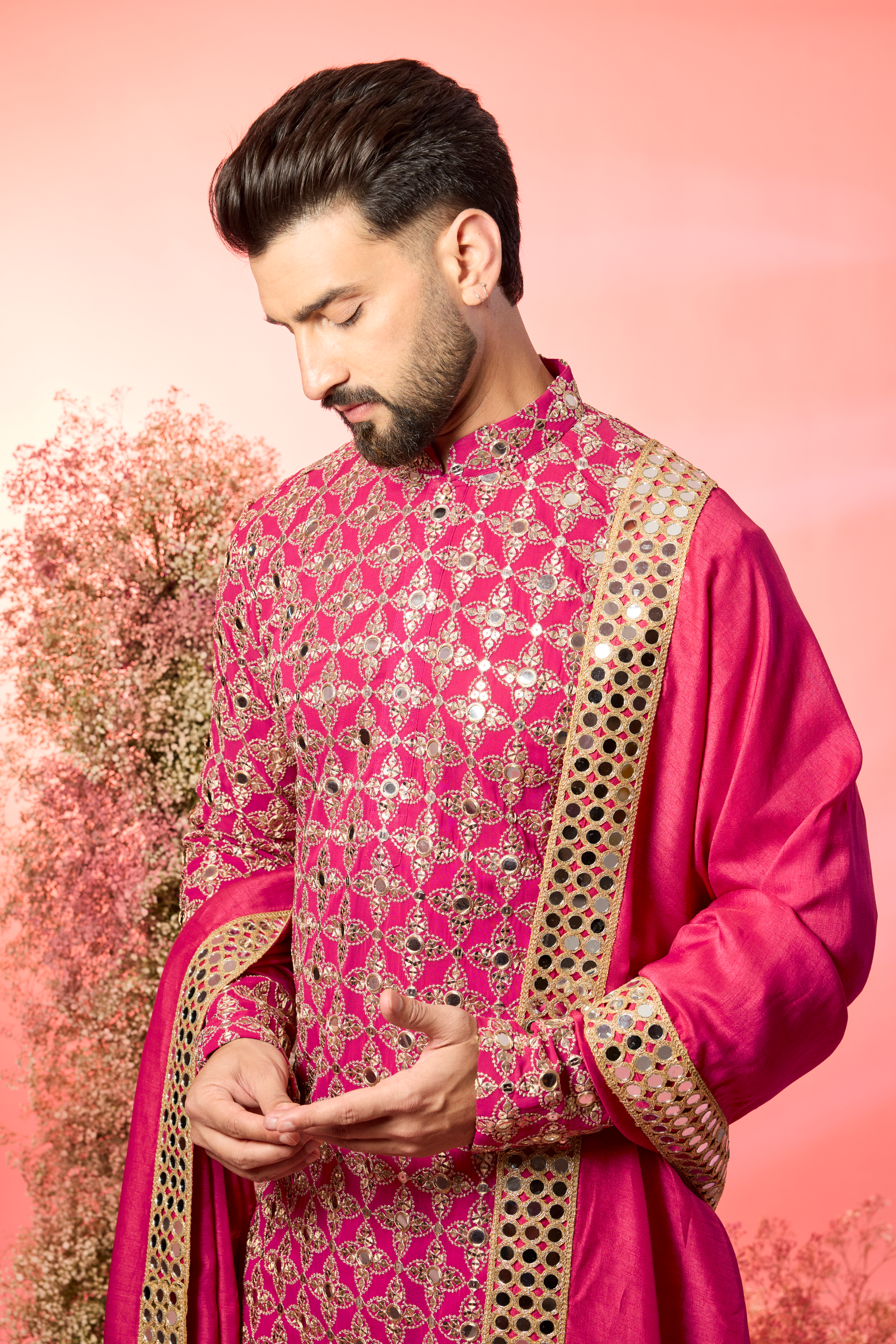 signature hot pink mirror work kurta with stole