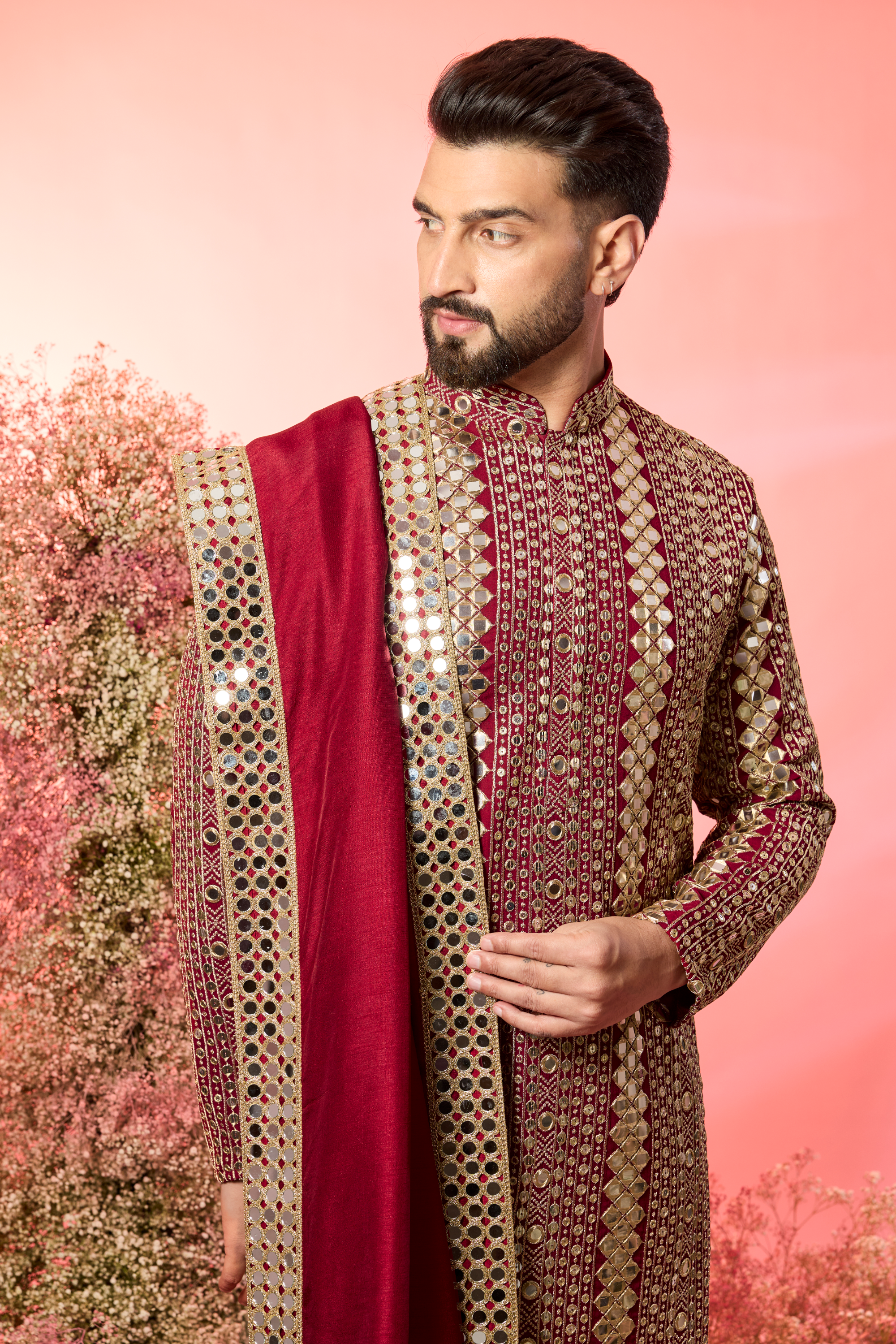 Signature Maroon mirror work kurta with stole