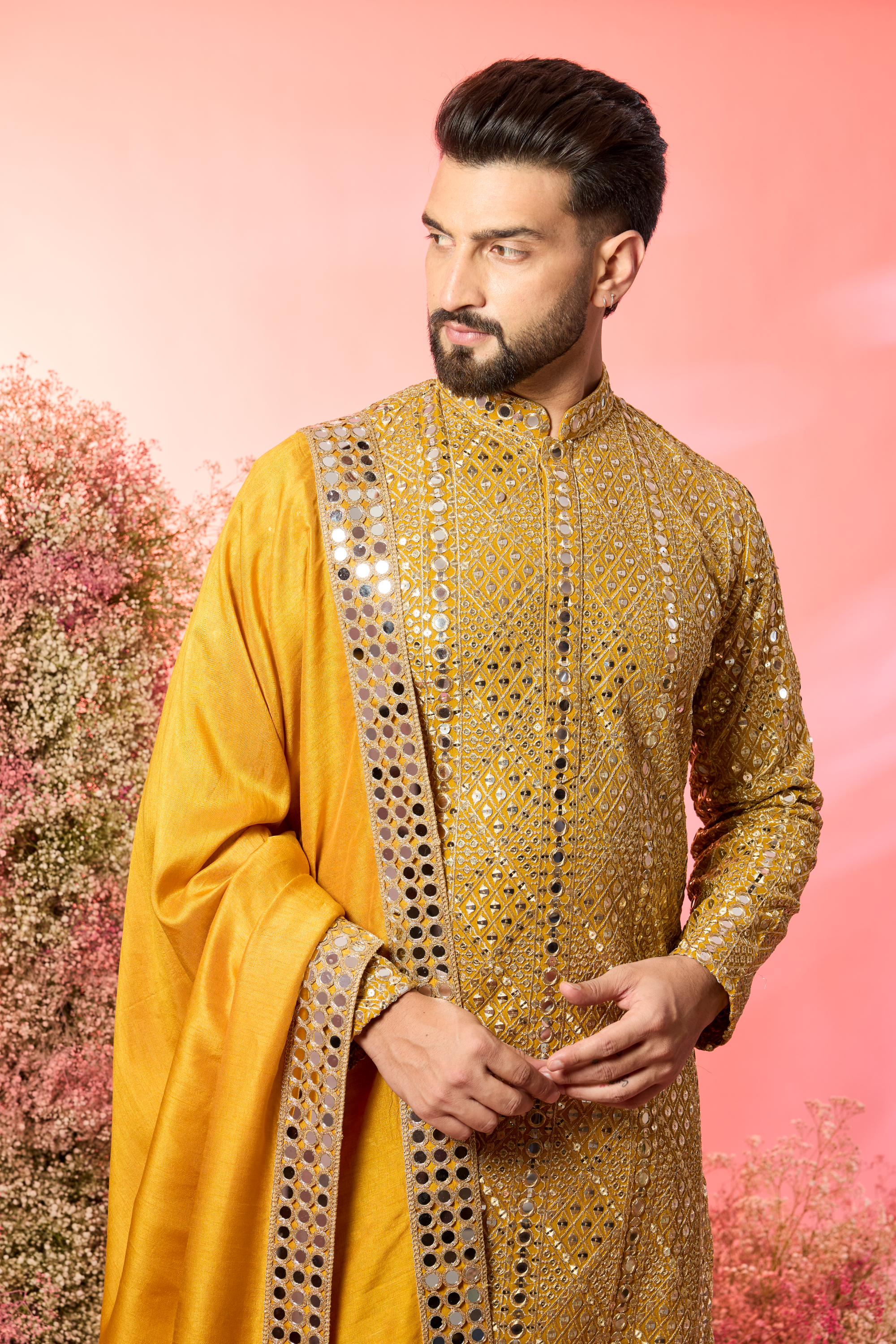 mustard mirror work kurta with stole