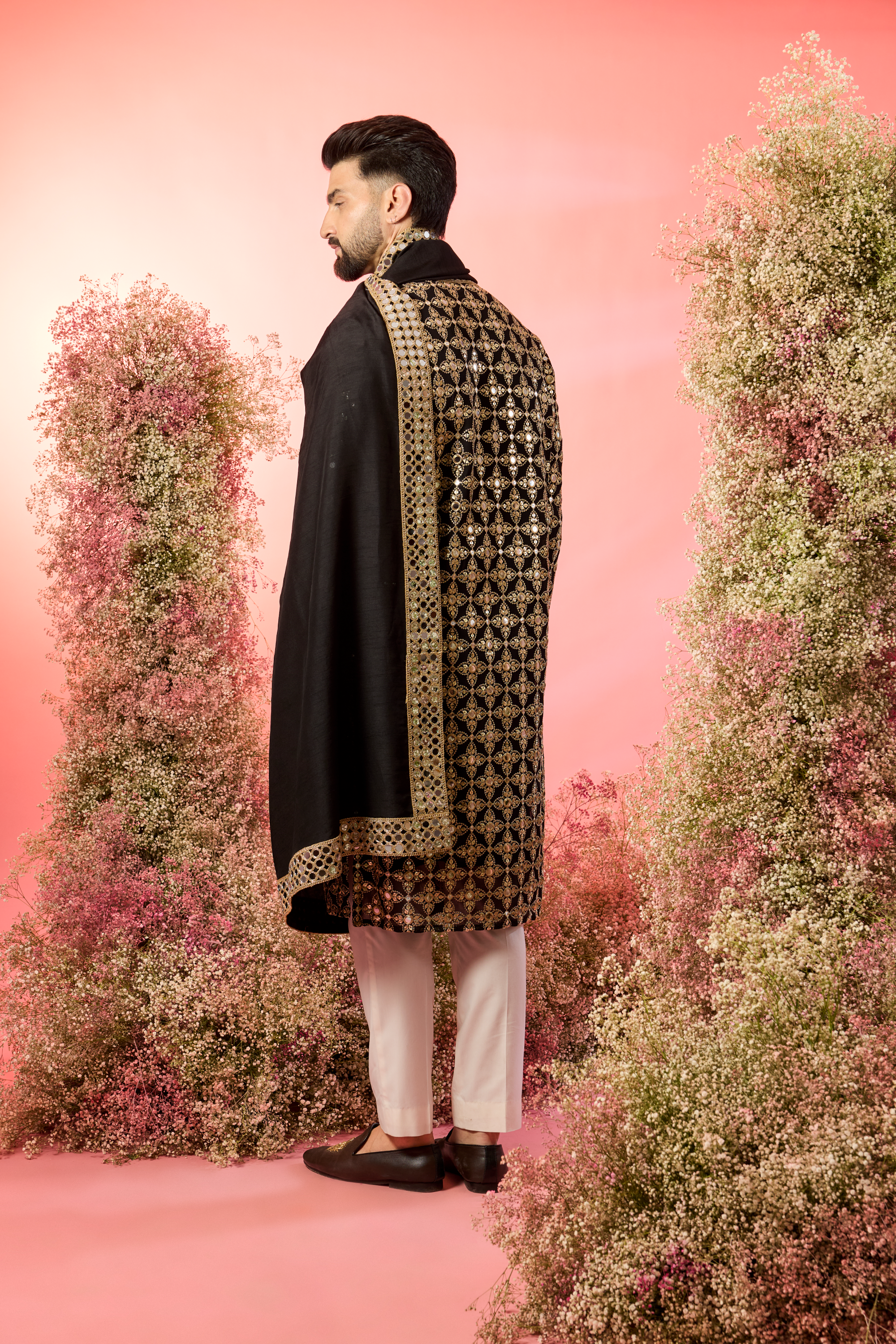 signature black mirror work kurta with stole