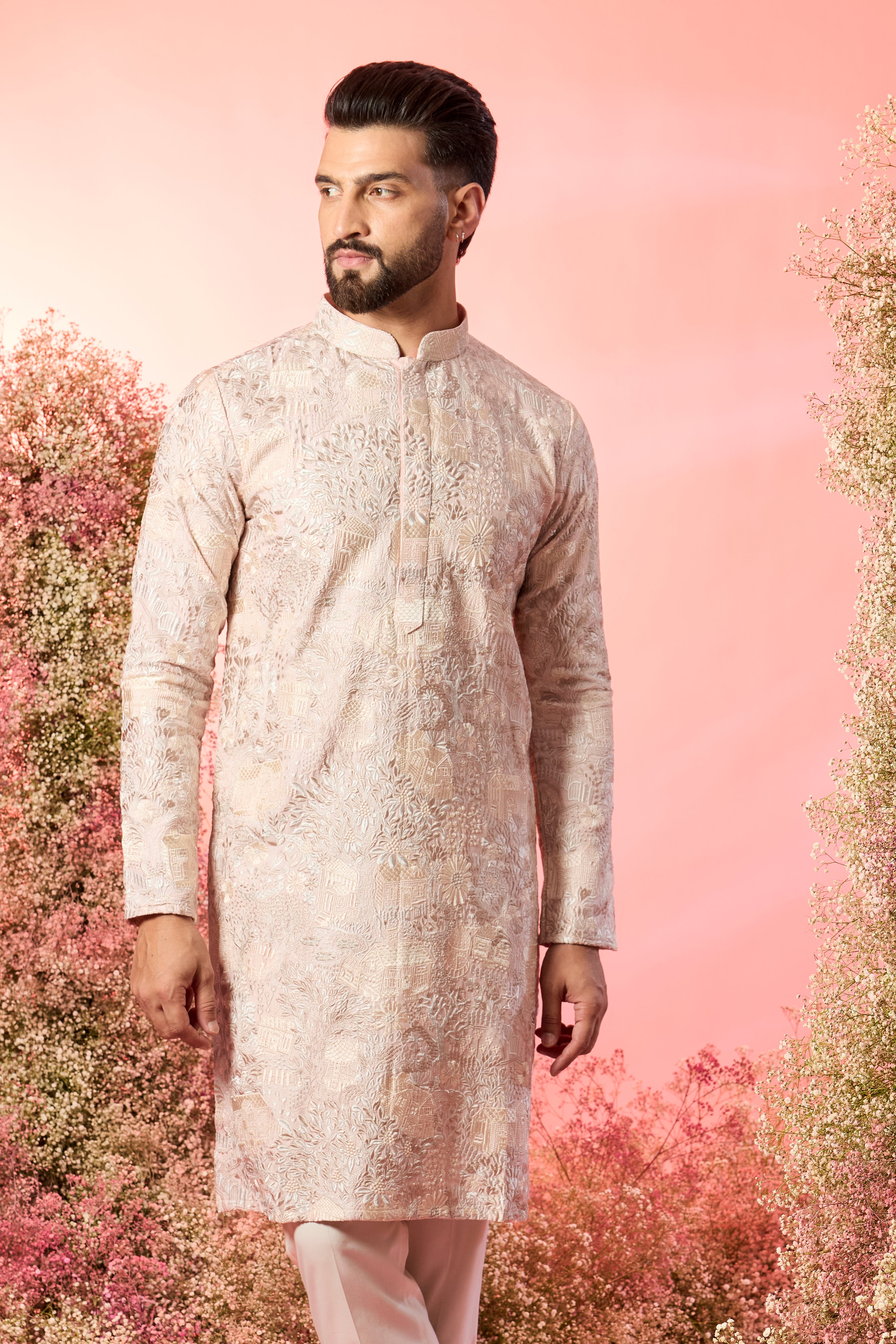 A Royal Heritage in Bloom - Powder pink chikankari kurta with intricate heritage figures