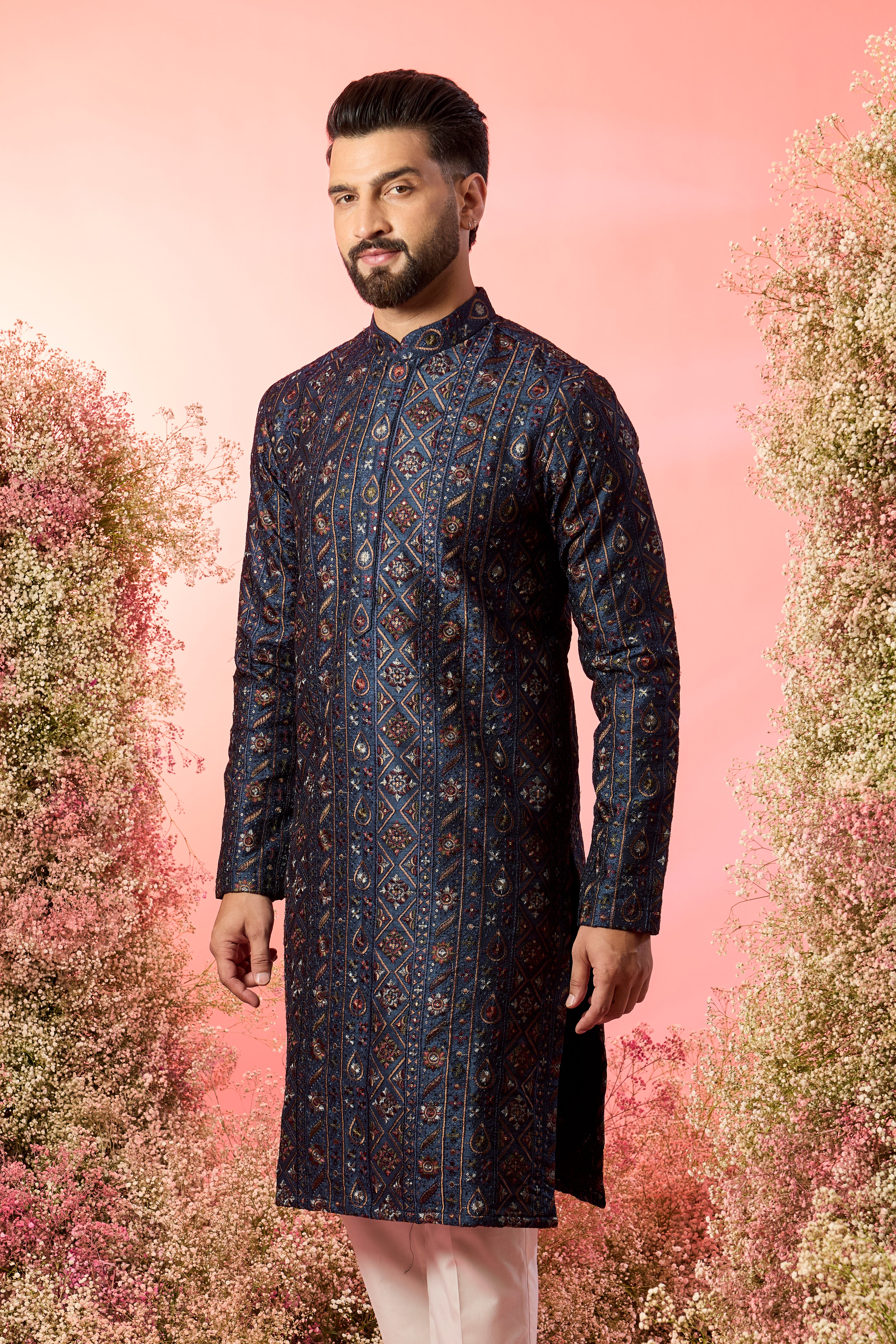 Blue chikankari kurta with intricate multi thread work
