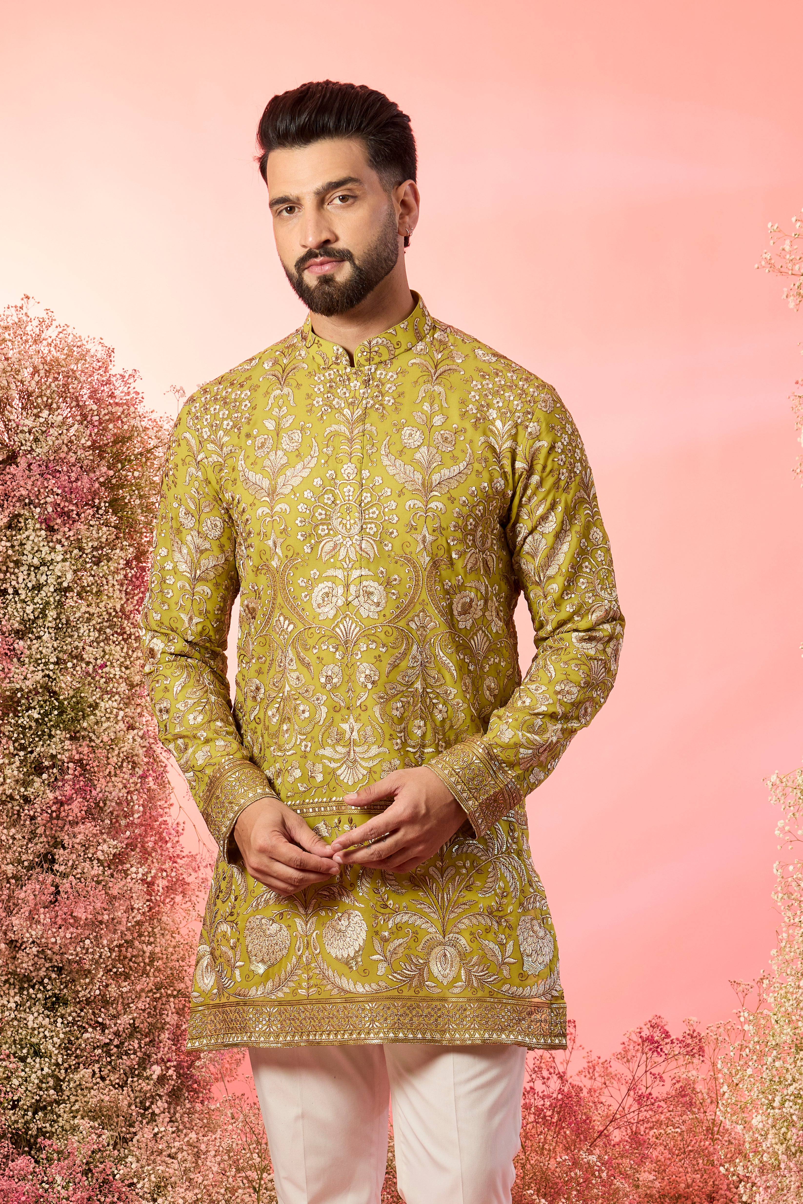 neon green short chikankari kurta