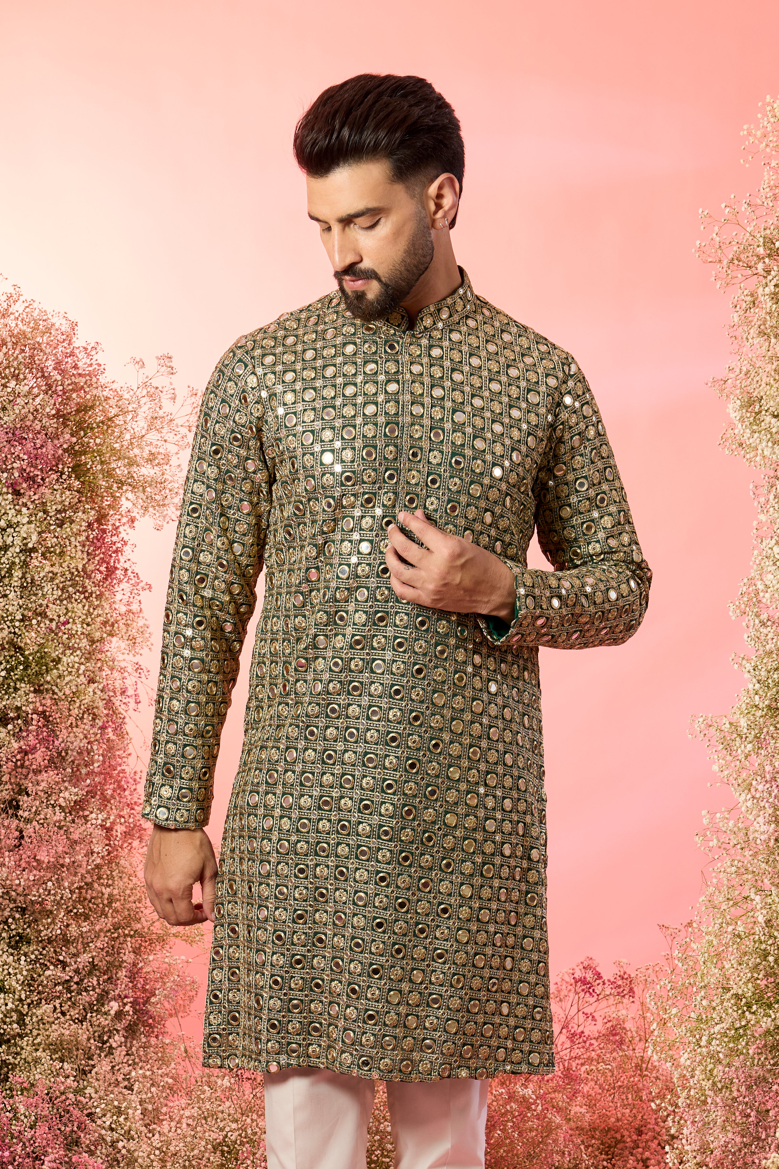 signature bottle green mirror work kurta with heavy zari work