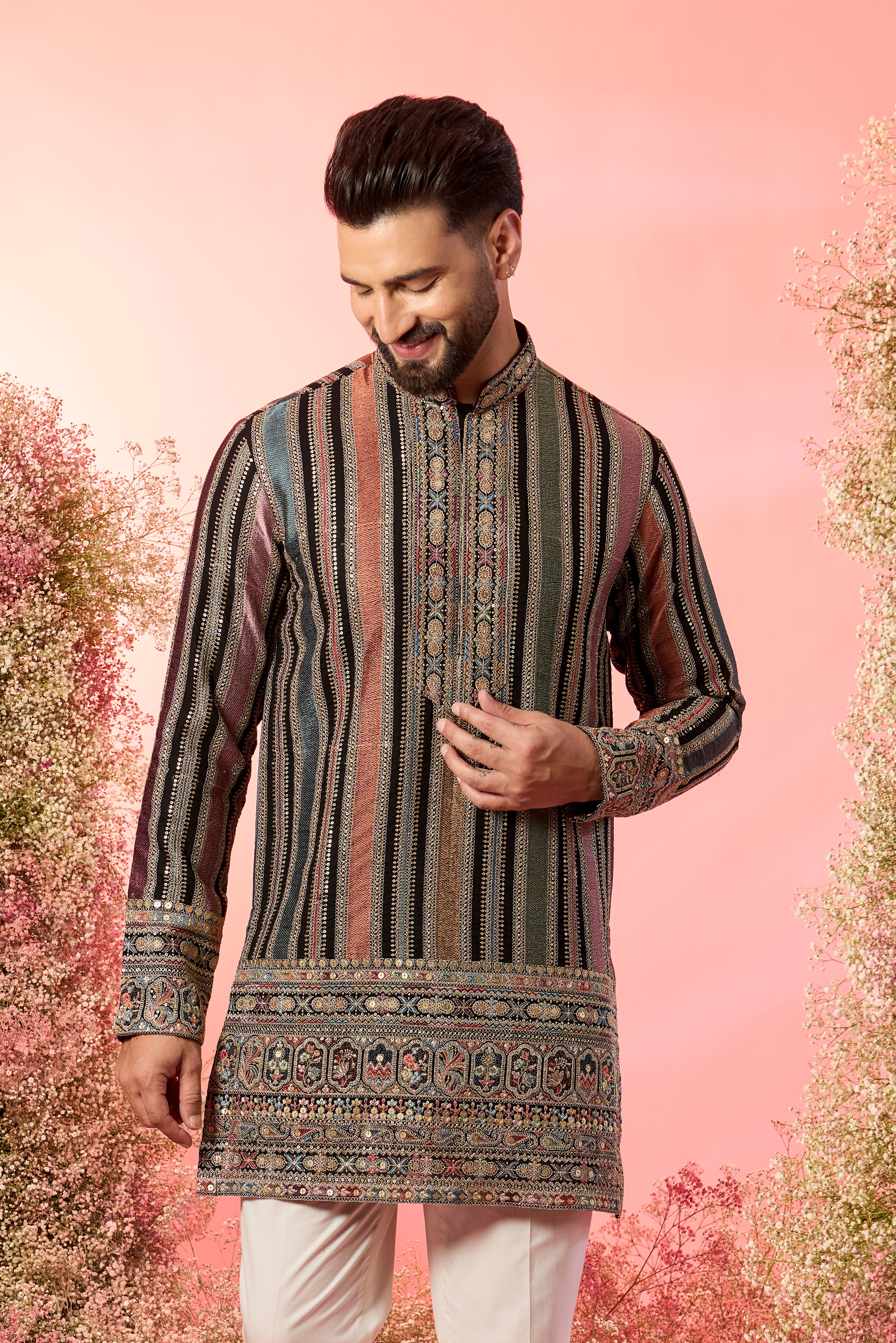 A Symphony of Stripes, Sparkle, and Exquisite Detail- the perfect thread work short kurta