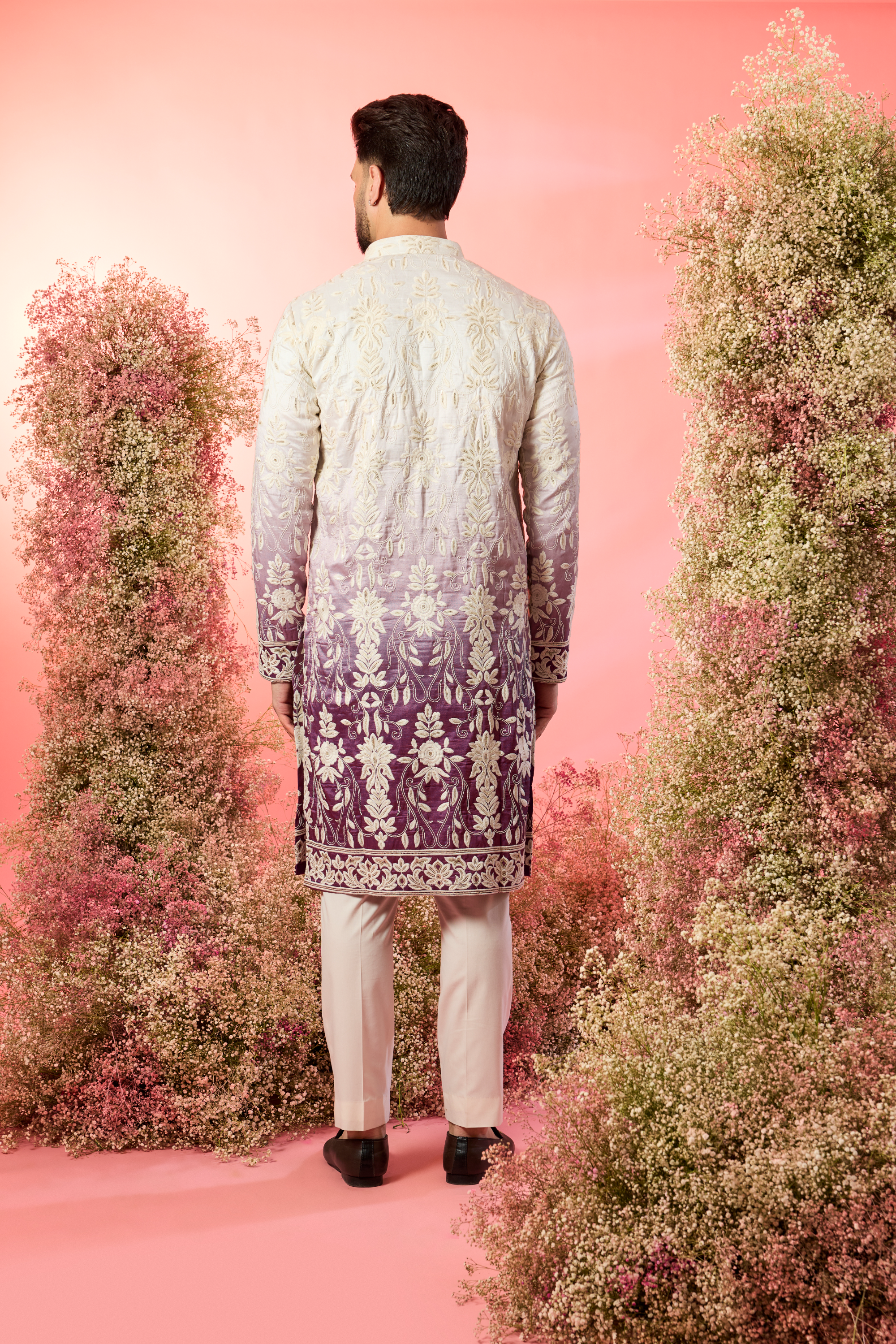 White - purple ombre shaded chikankari kurta
