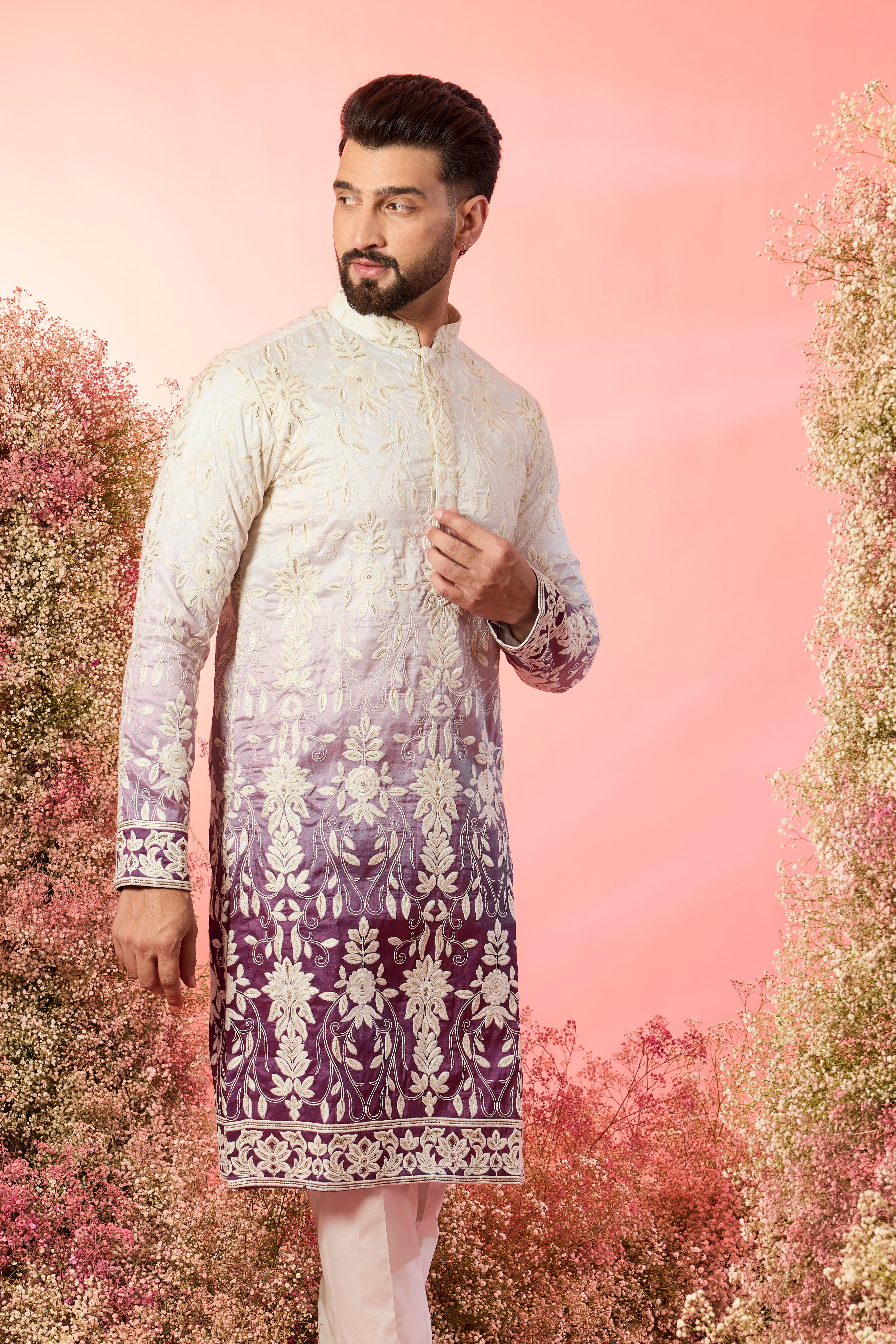 White - purple ombre shaded chikankari kurta