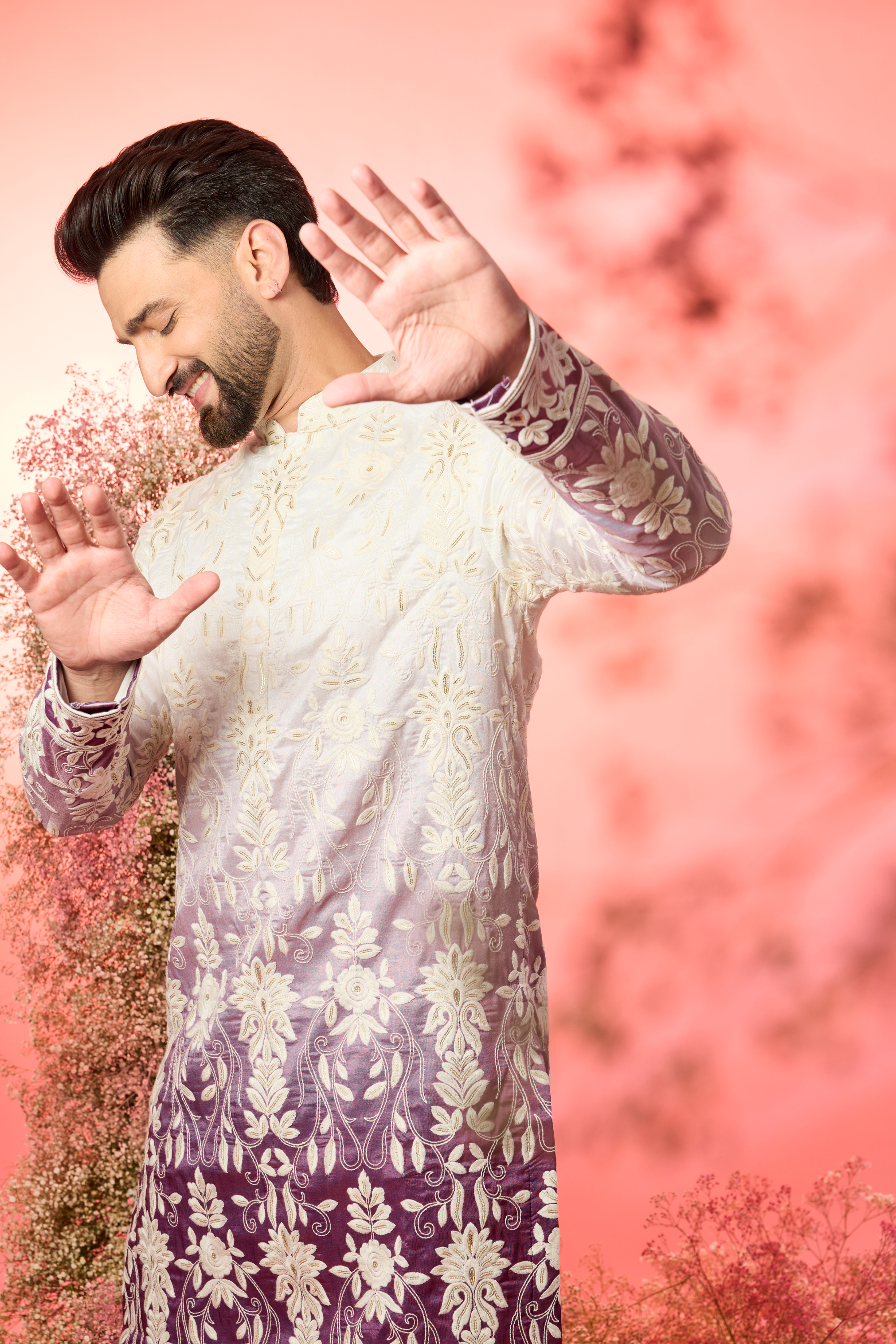 White - purple ombre shaded chikankari kurta