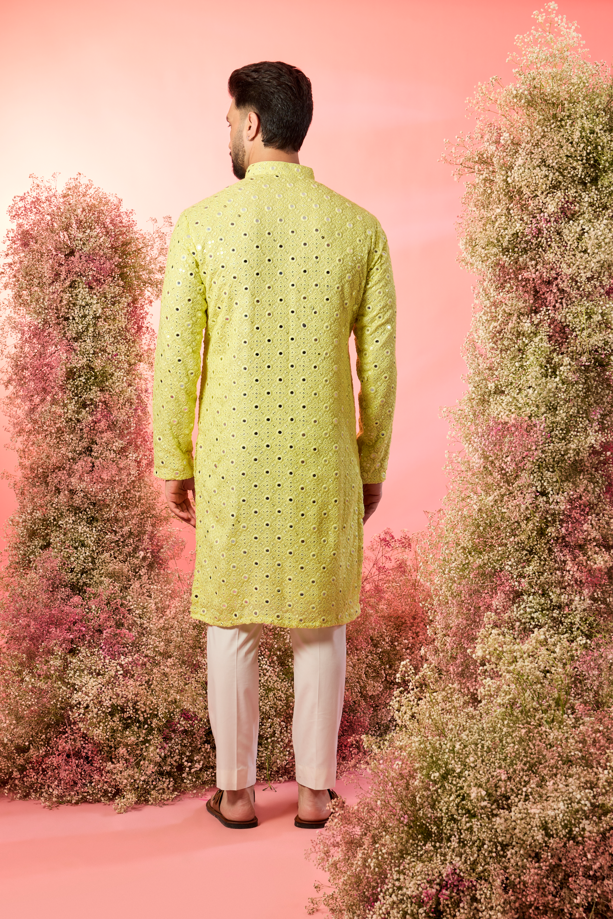 classic yellow mirror work kurta with tone to tone threadwork