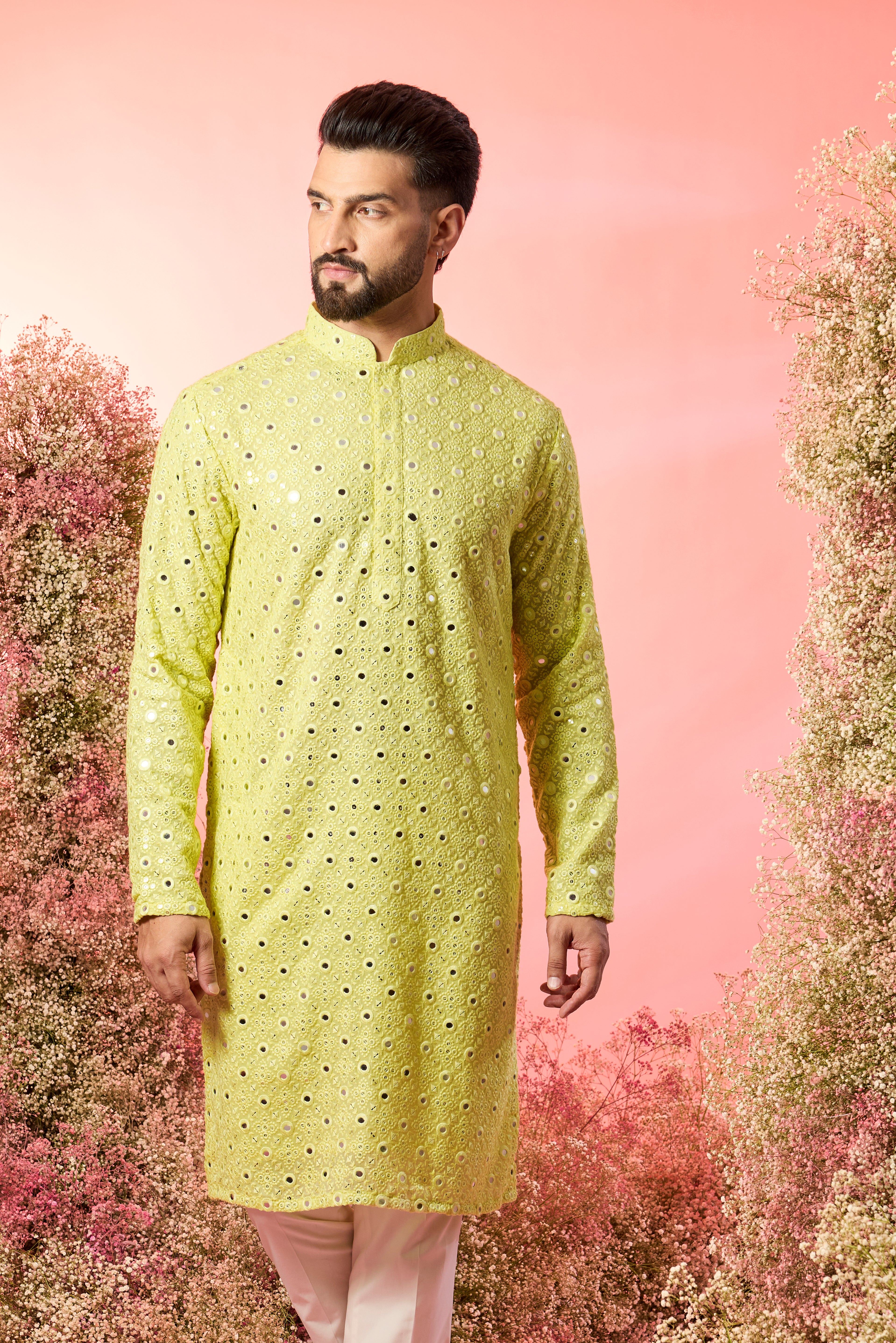 classic yellow mirror work kurta with tone to tone threadwork