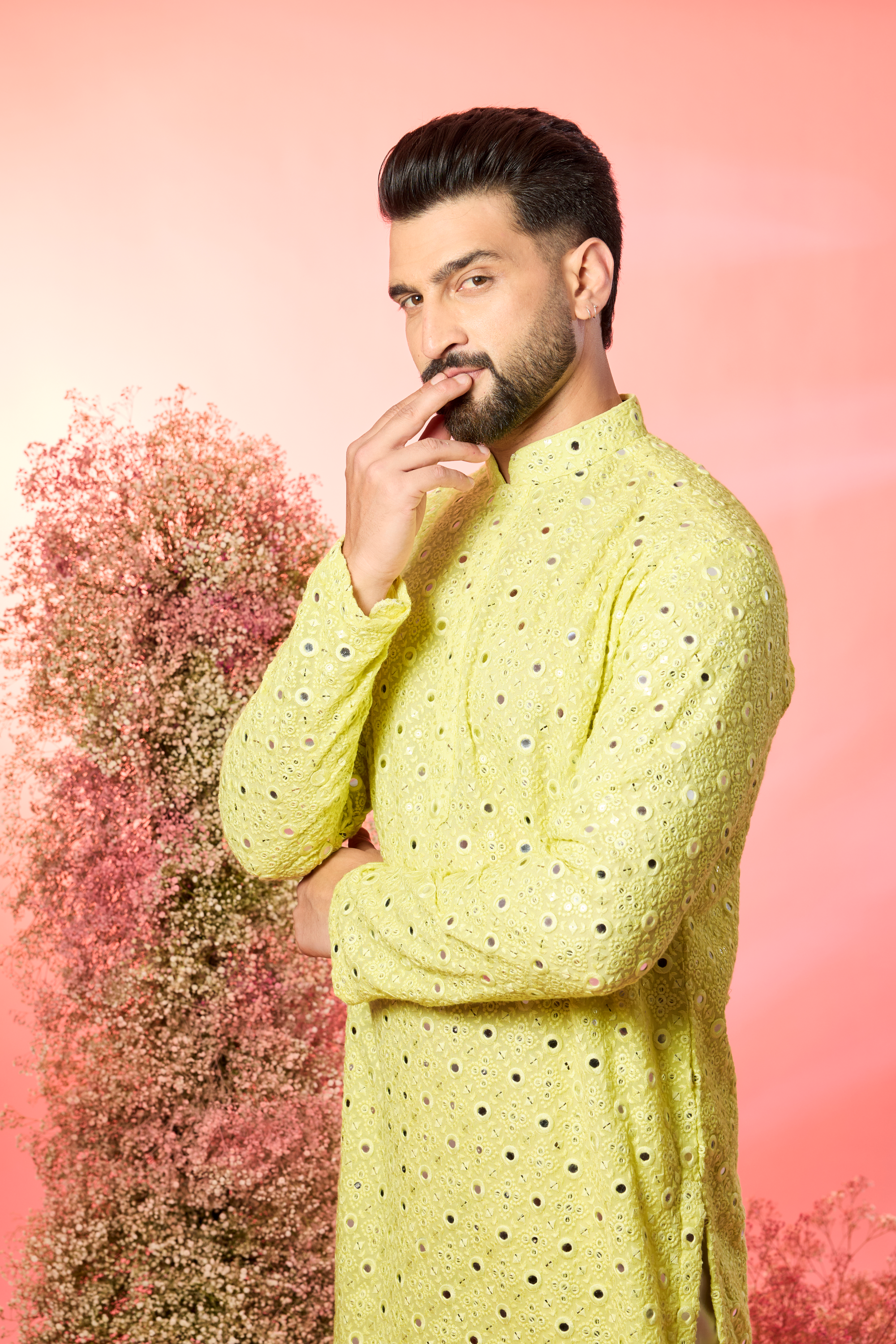 classic yellow mirror work kurta with tone to tone threadwork