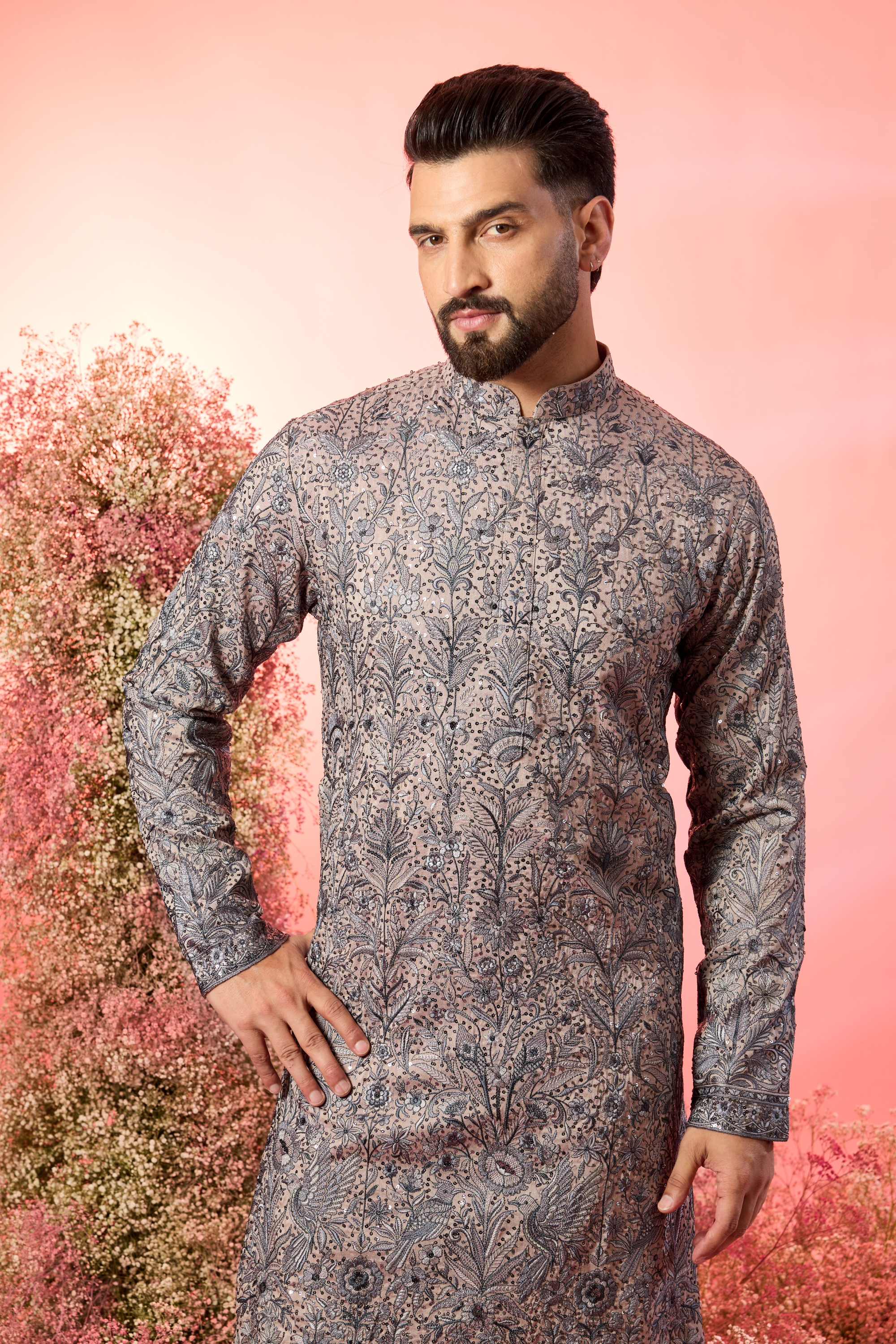 nude chikabkari kurta with intricate flora and fauna embroidery with blue thread work