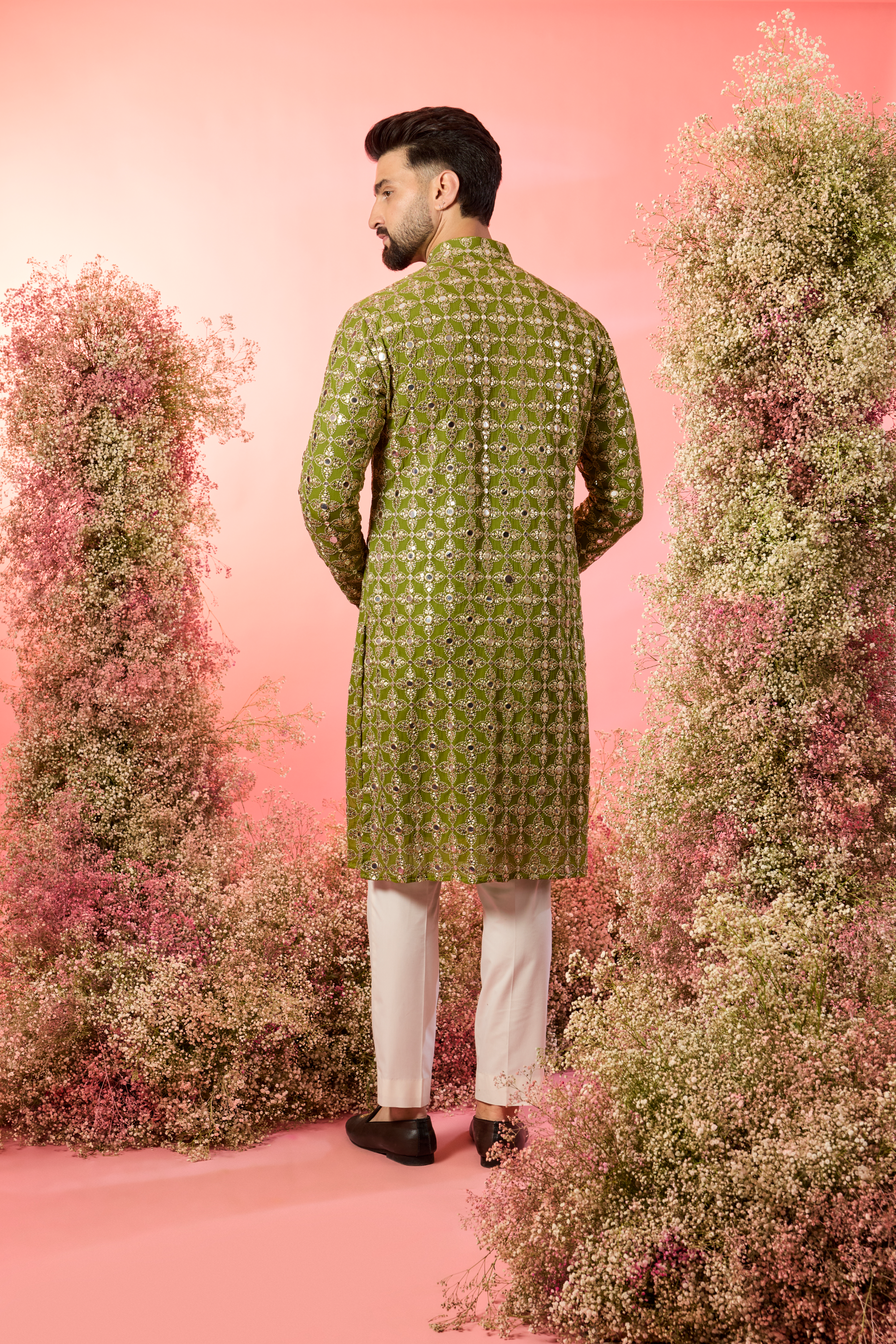 signnature lime green mirror work kurta with intricate zari work