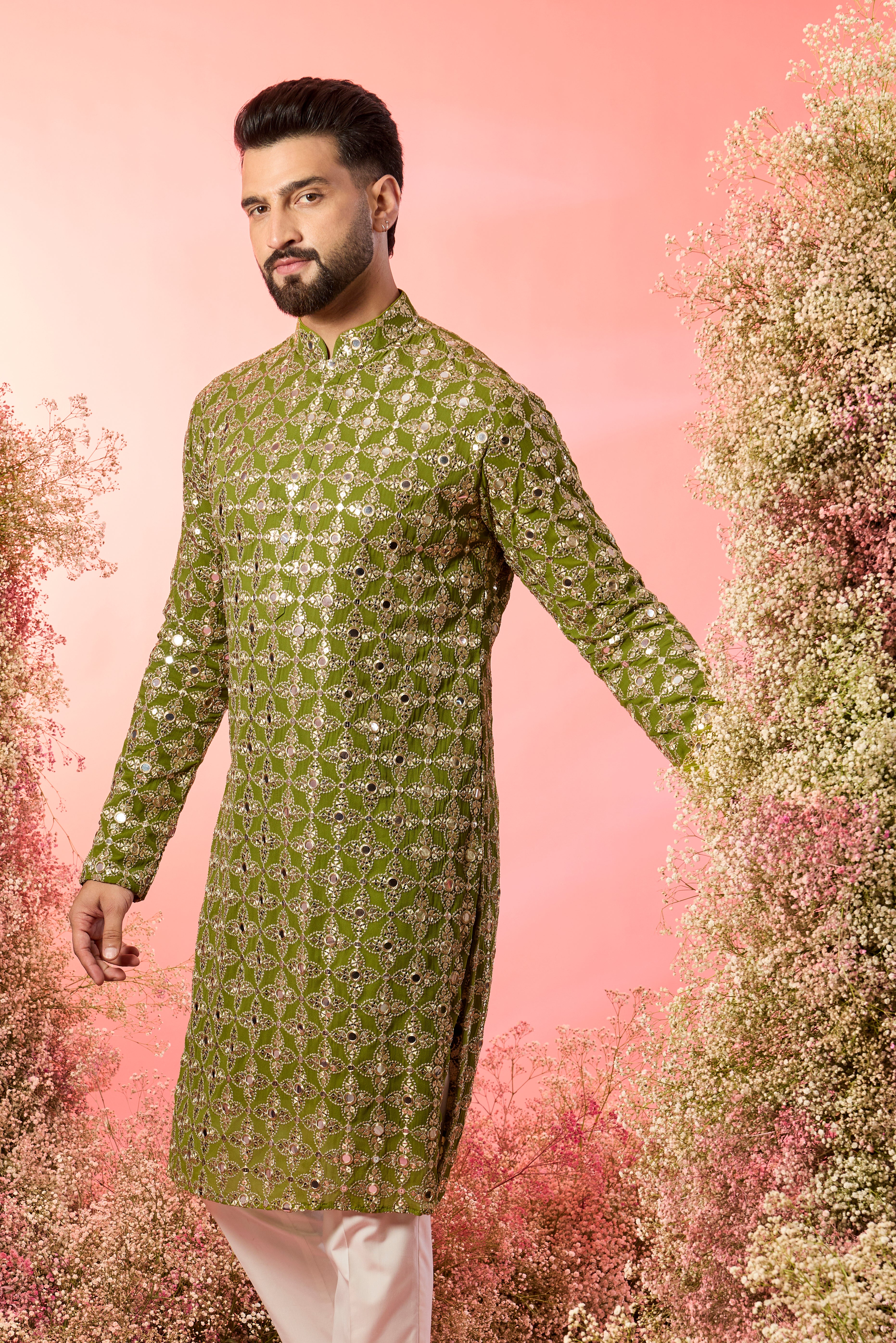 signnature lime green mirror work kurta with intricate zari work