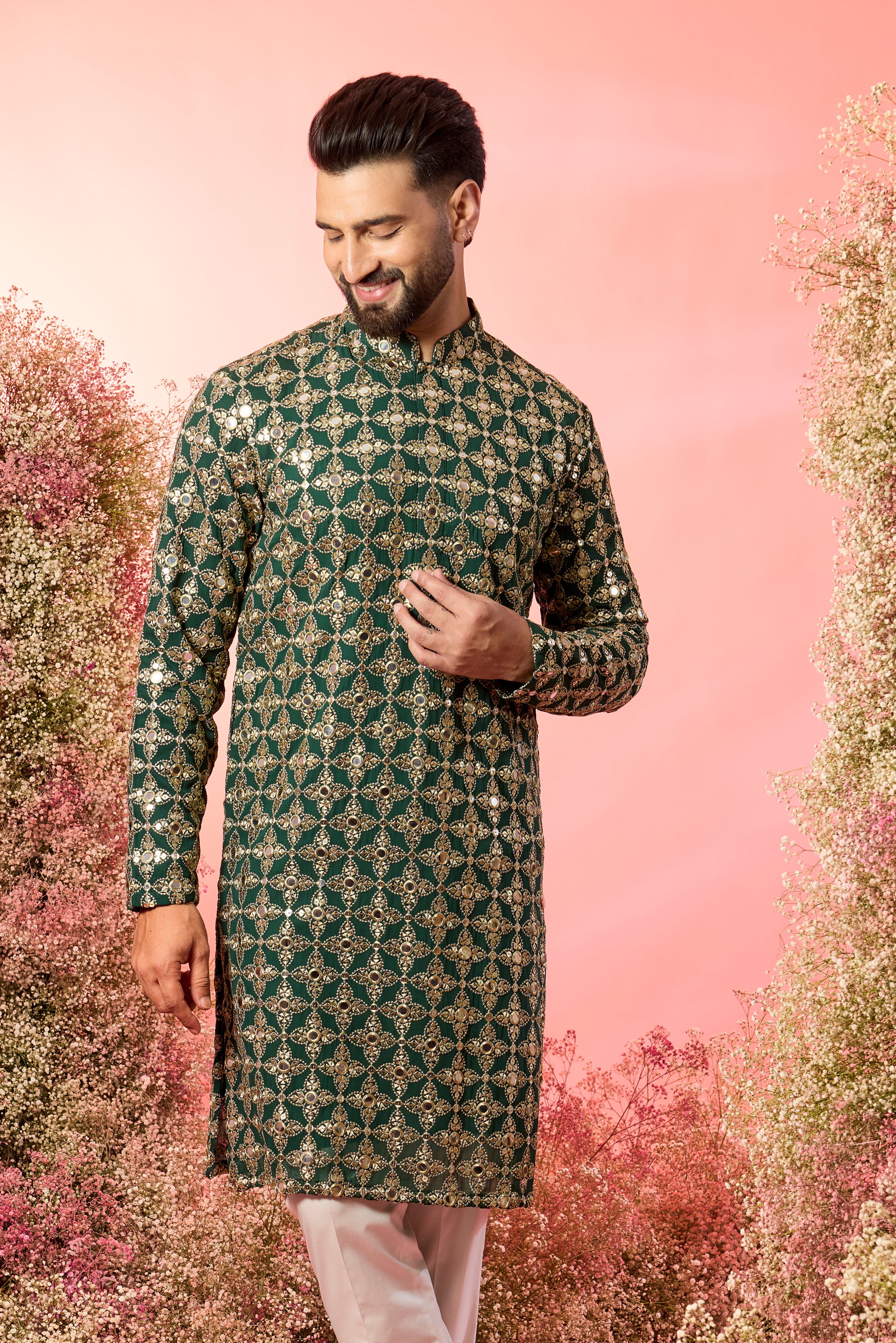 signnature bottle green mirror work kurta with intricate zari work