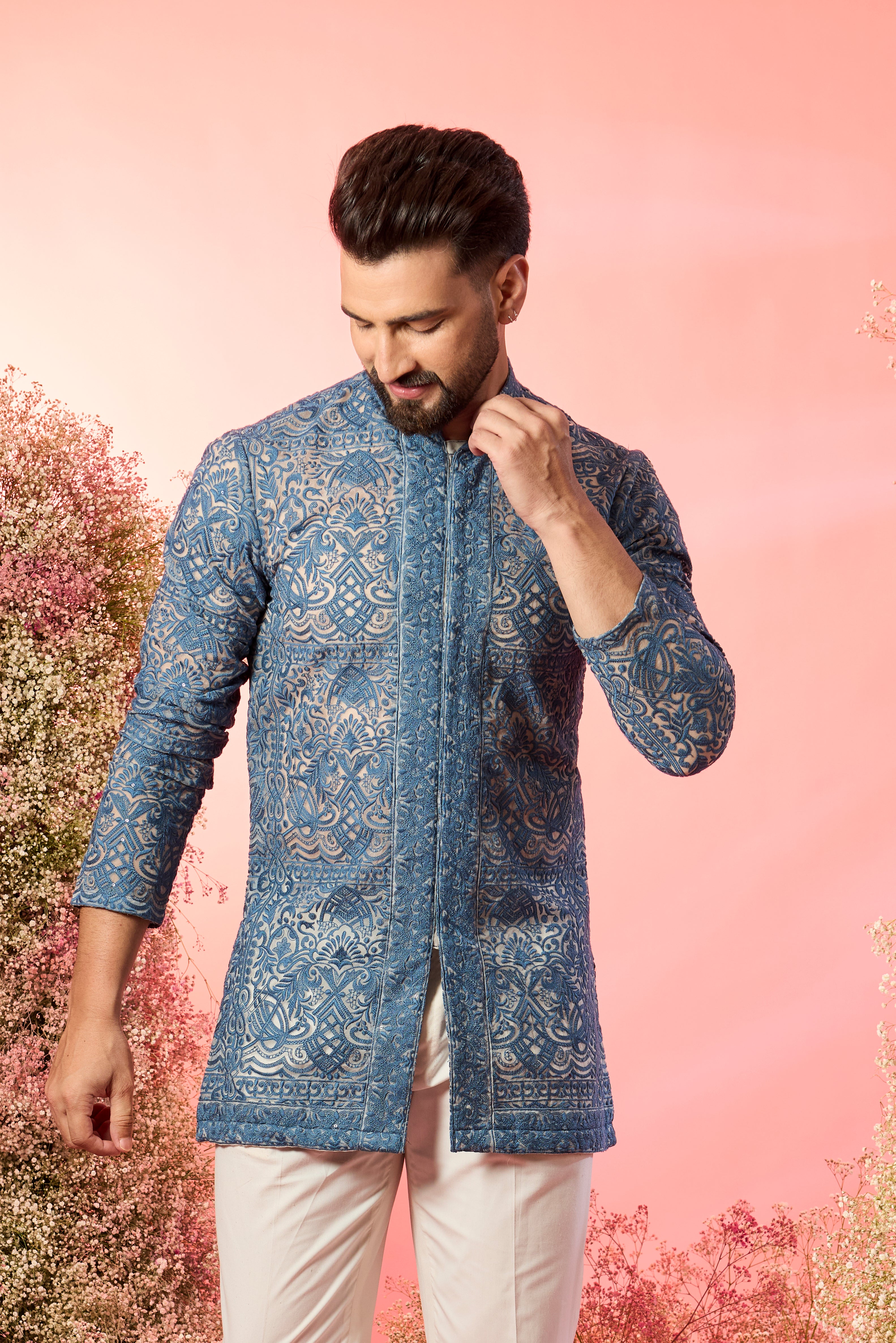 blue open front short chikankari see through kurta