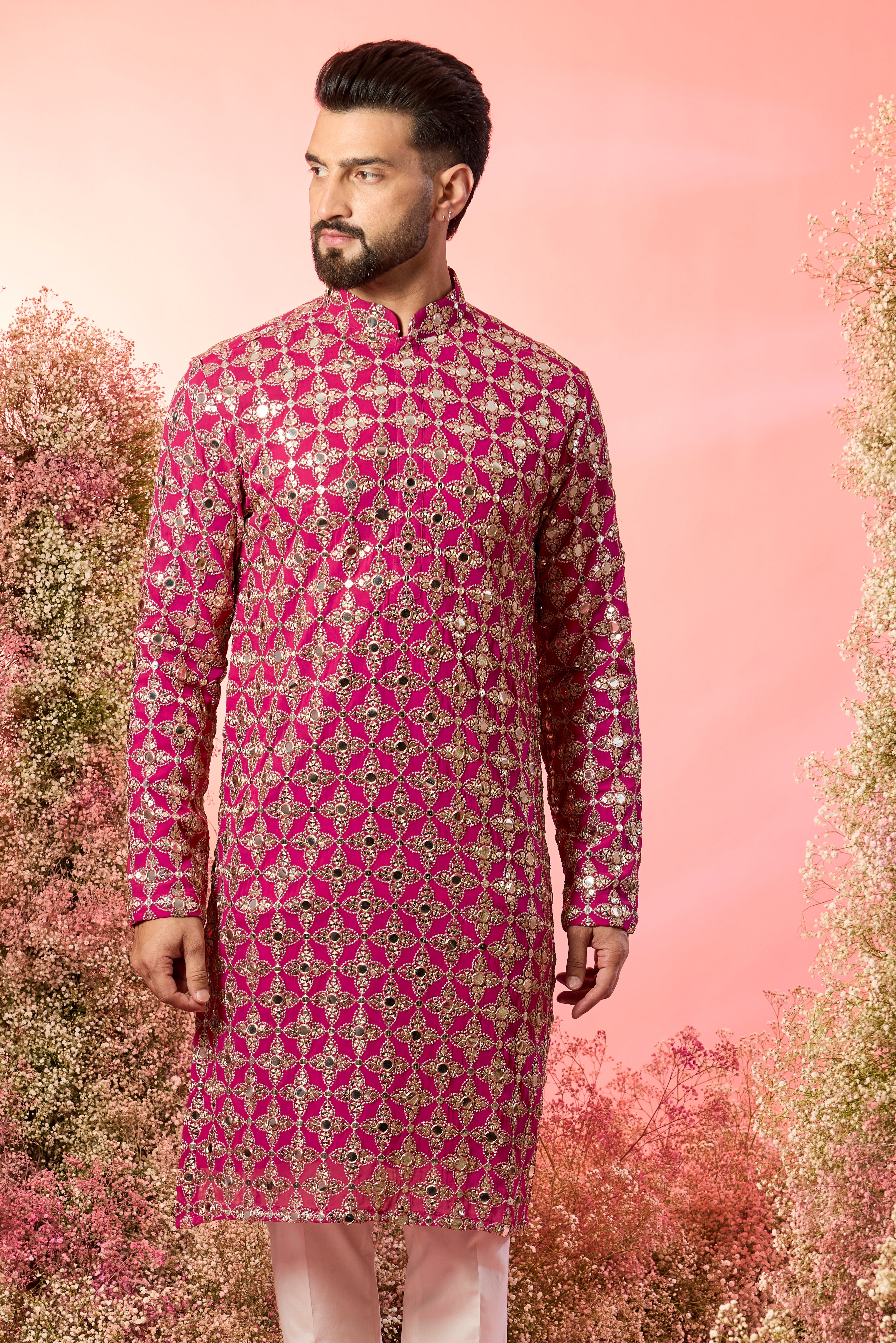 signature hot pink mirror work kurta with heavu zari work
