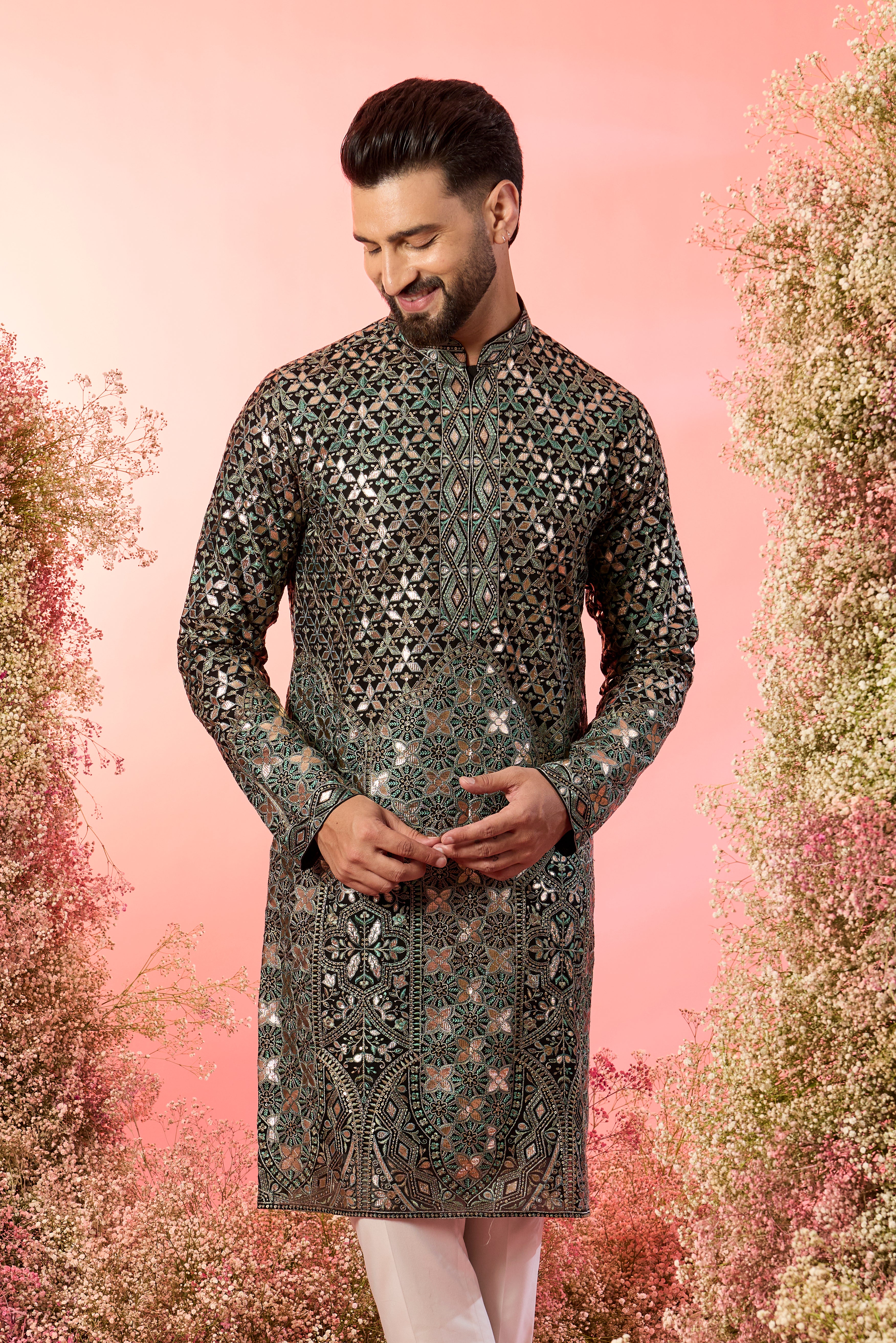 Black Abstract Kurta: Green Threadwork & Golden Leather Accents