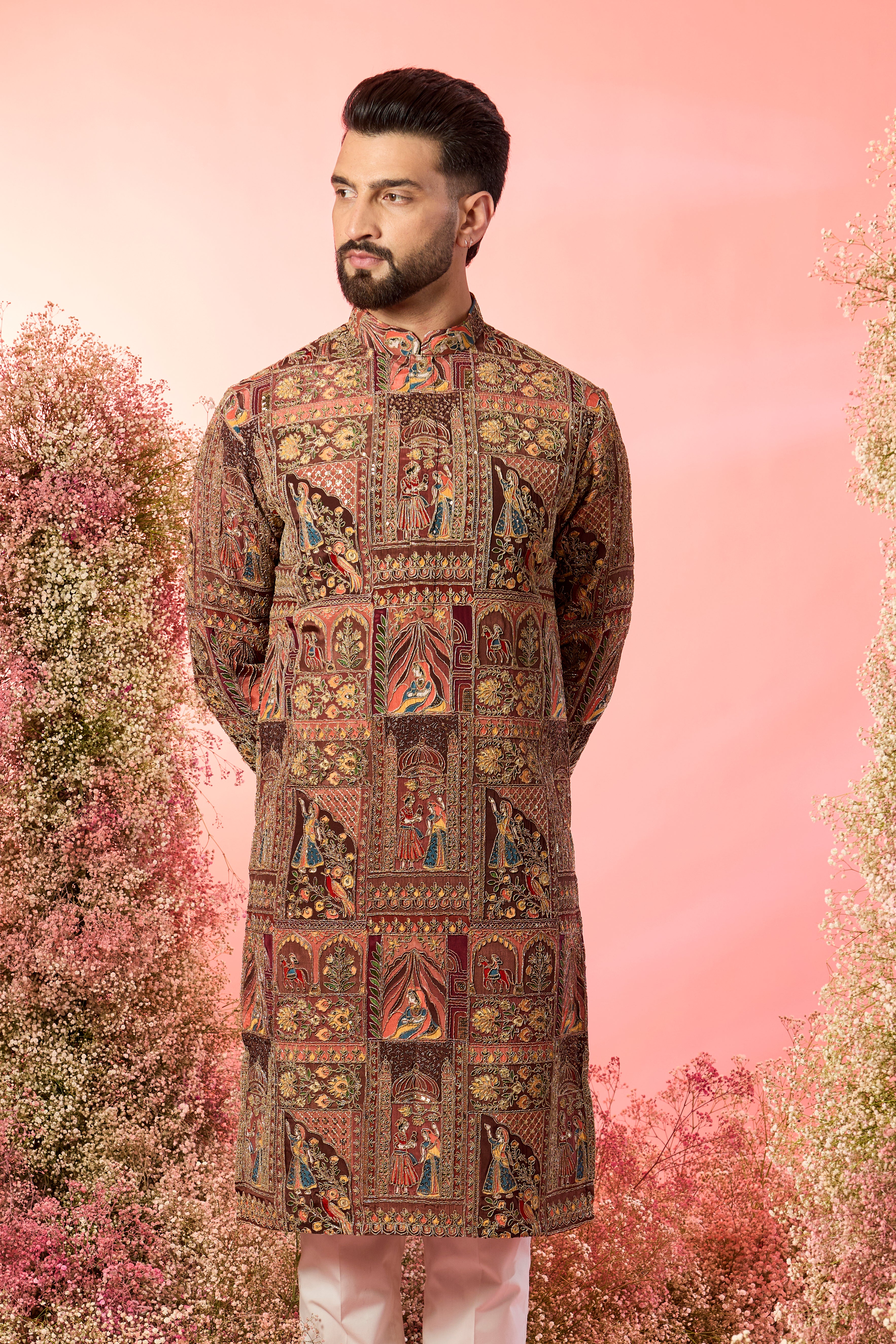 mauve taupe royal mughar  kurta with traditional mughhal figures