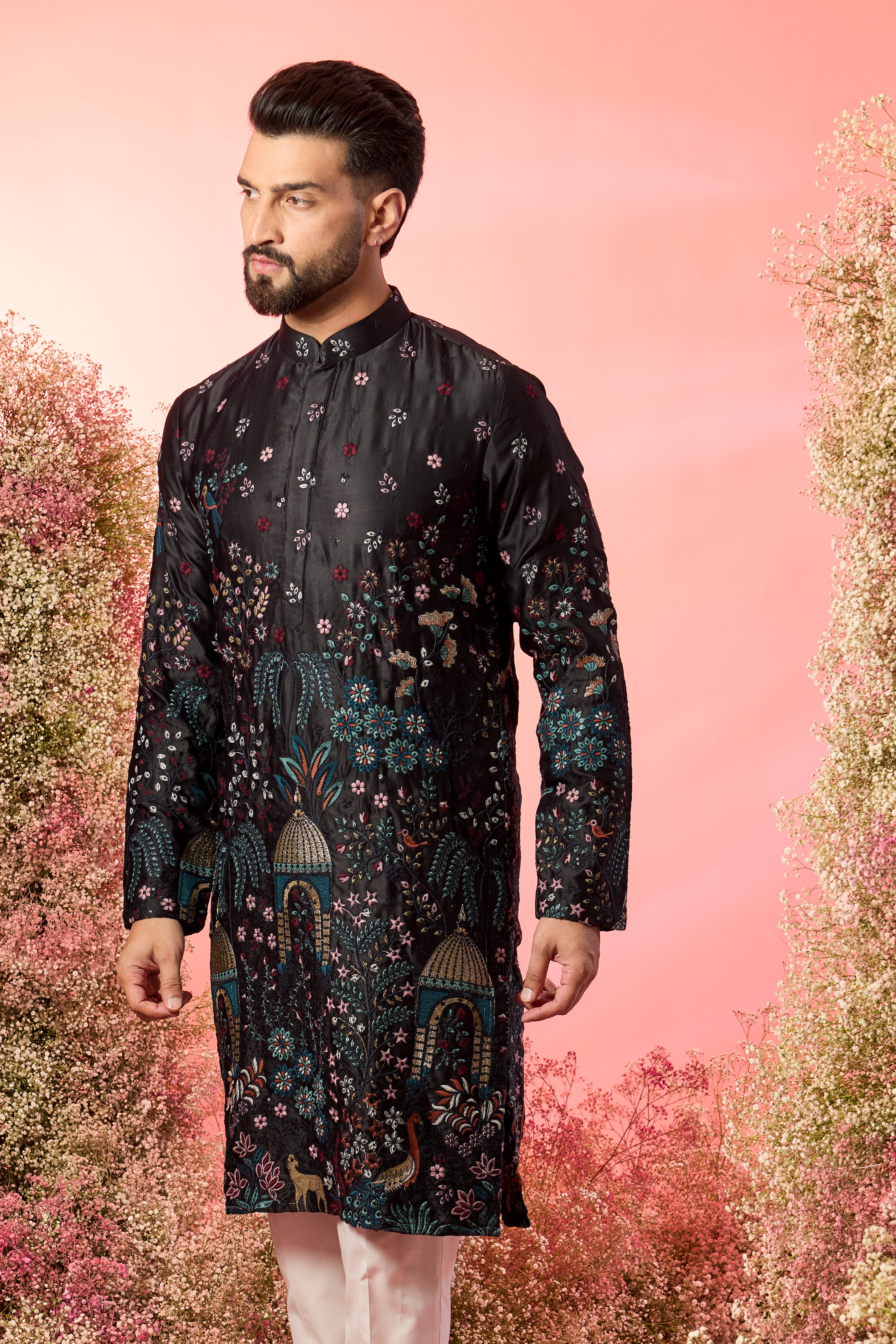 black threadwork kurta with traditional mughal darbars and floral embroidery