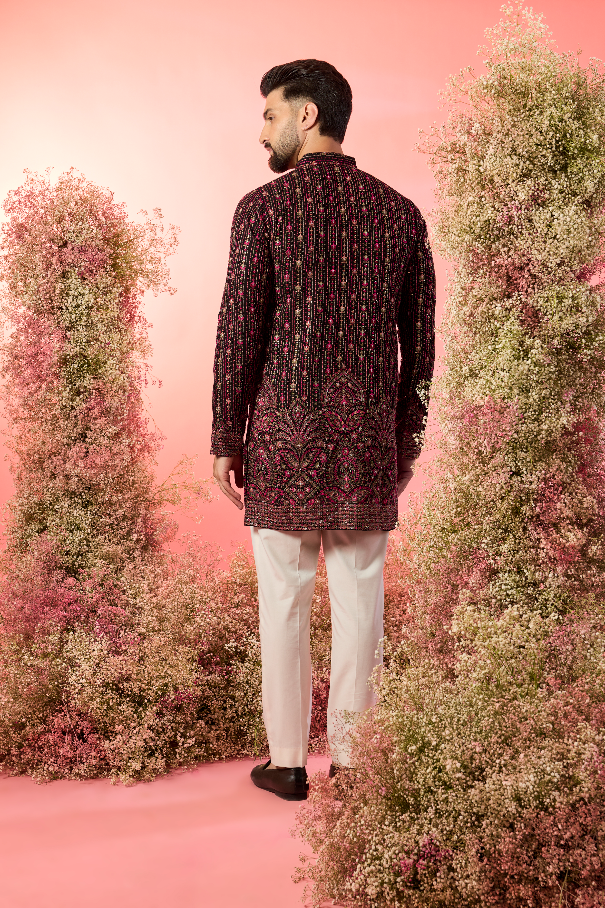 black short kurta with intricate maroon thread work