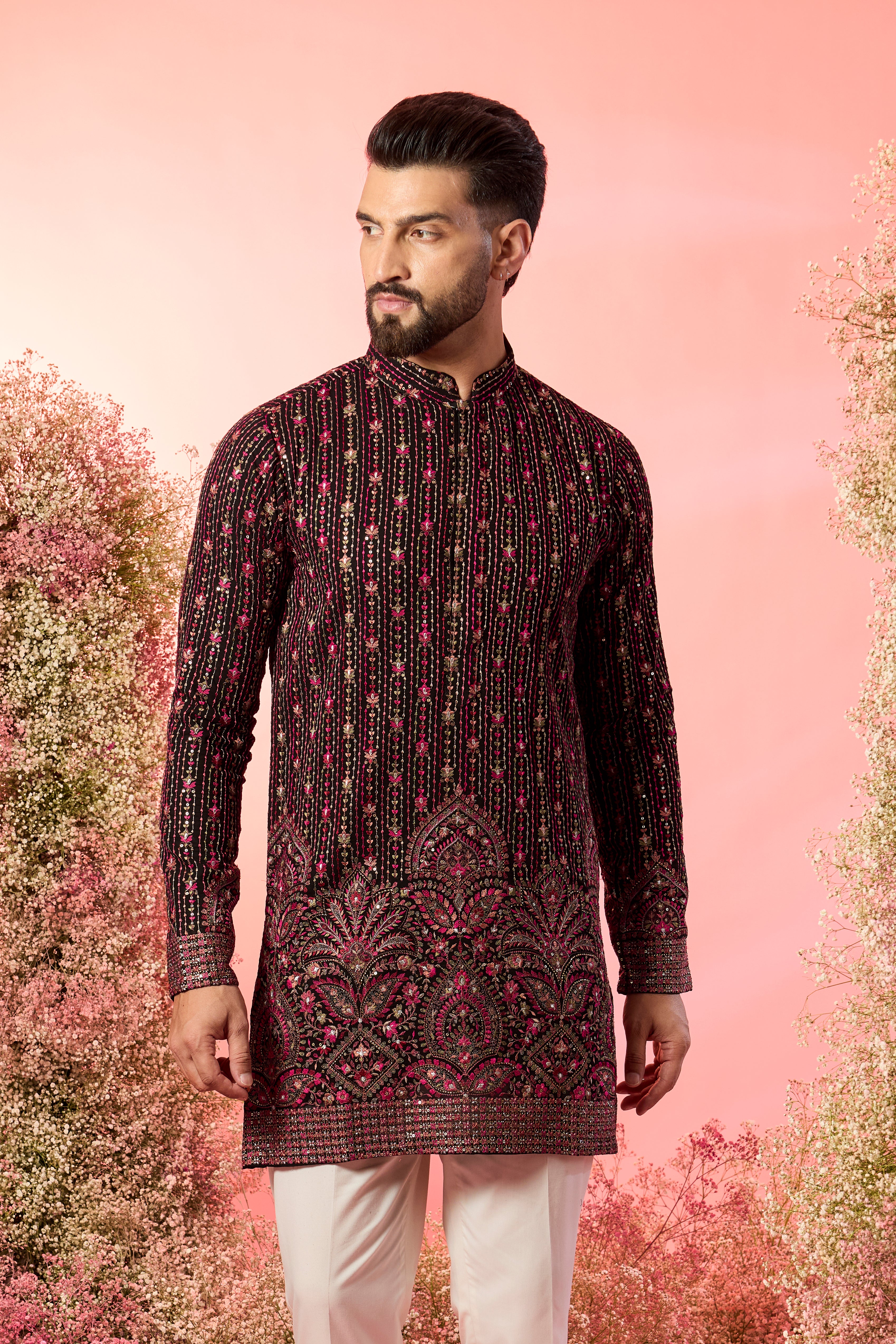 black short kurta with intricate maroon thread work