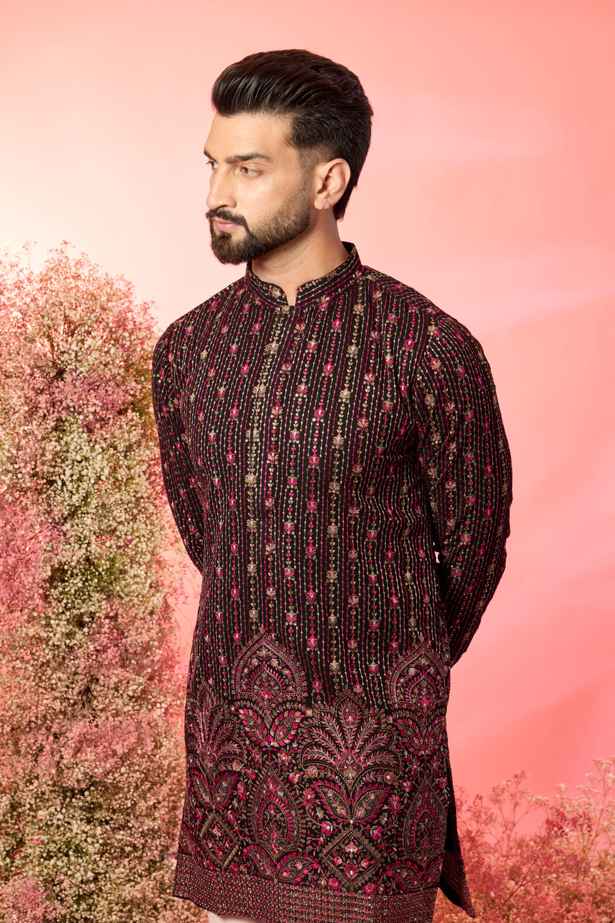 black short kurta with intricate maroon thread work