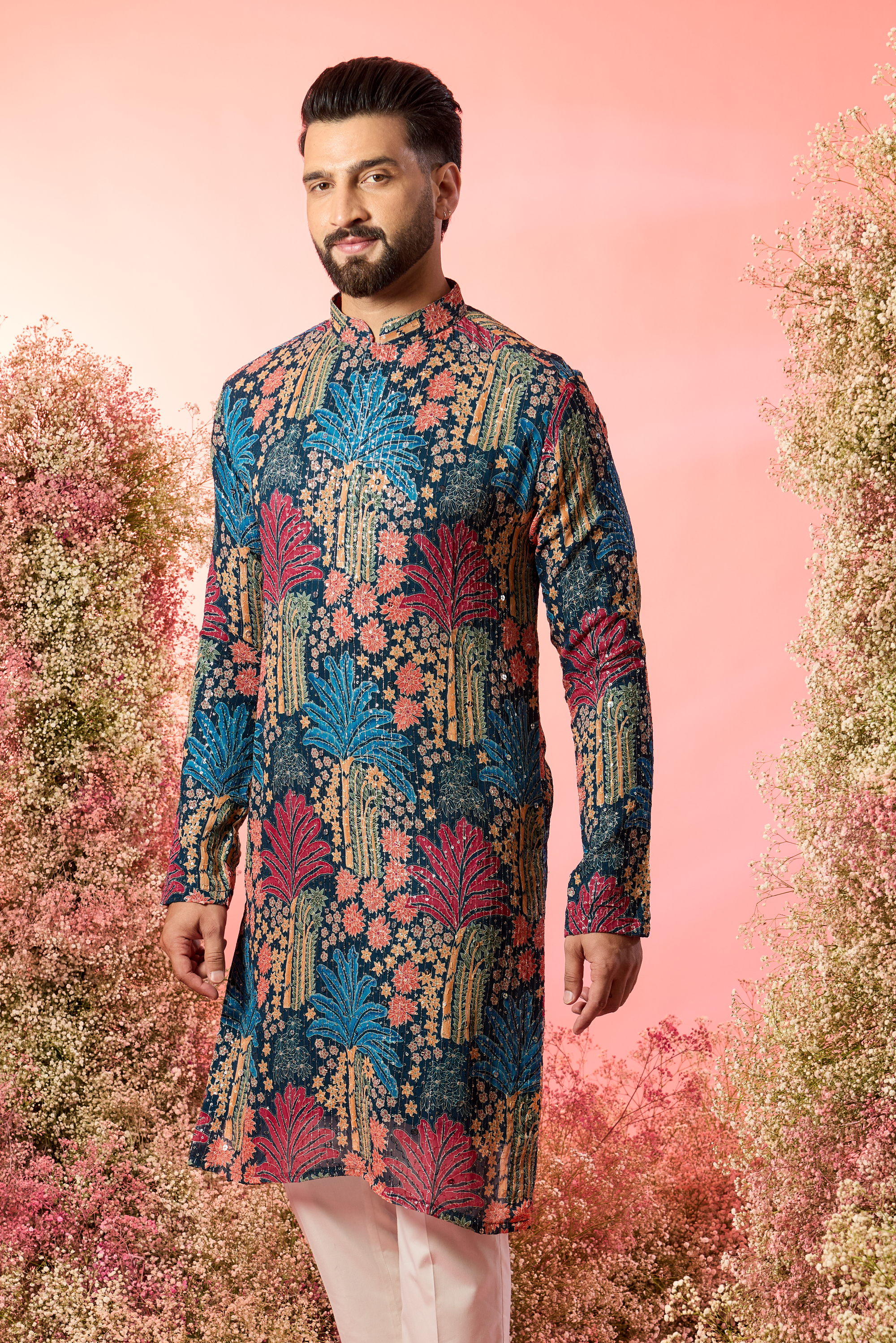 midnight black floral printed kurta with delicate sequin work