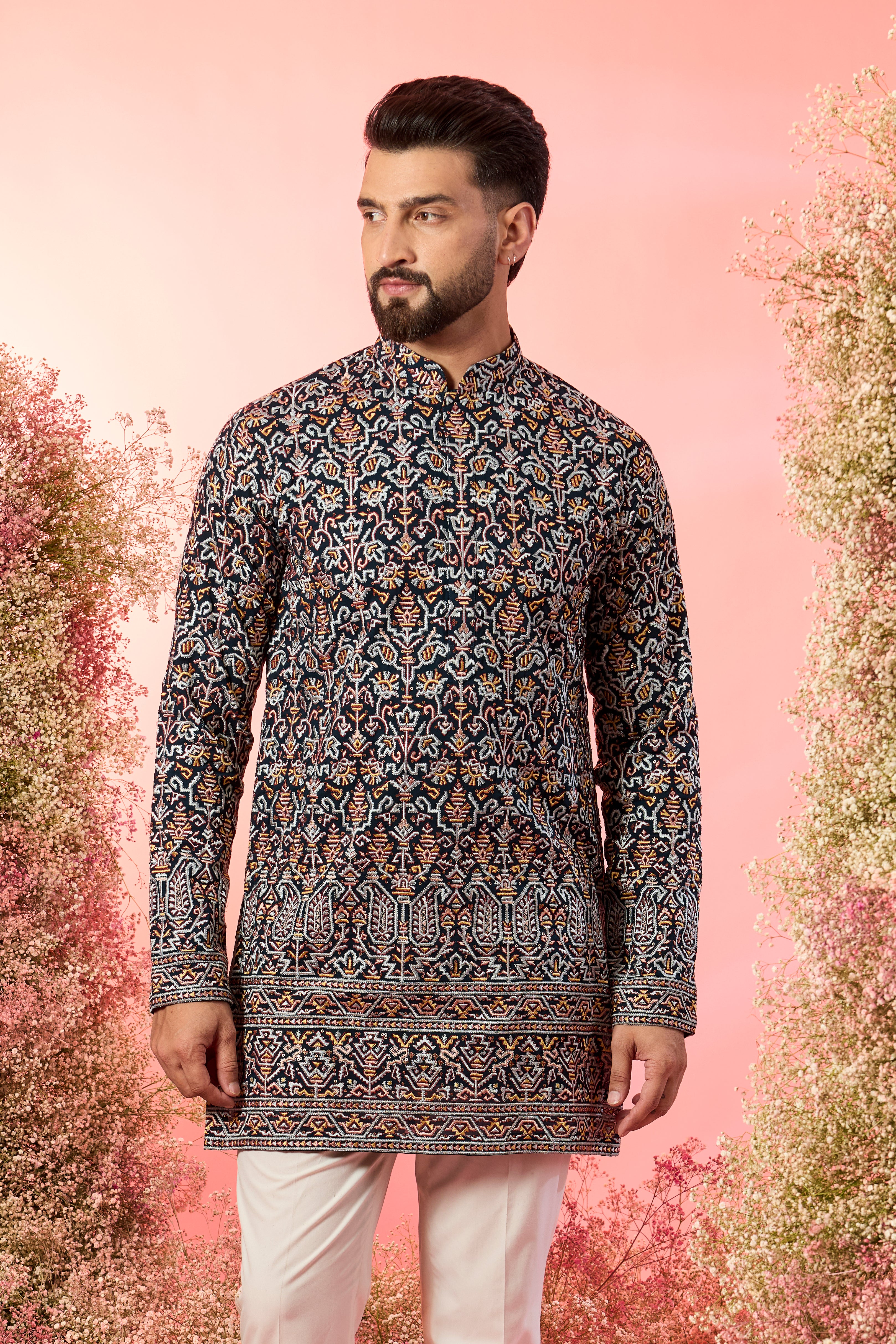 signature blue short kurta with heavy kashmiri embroidery