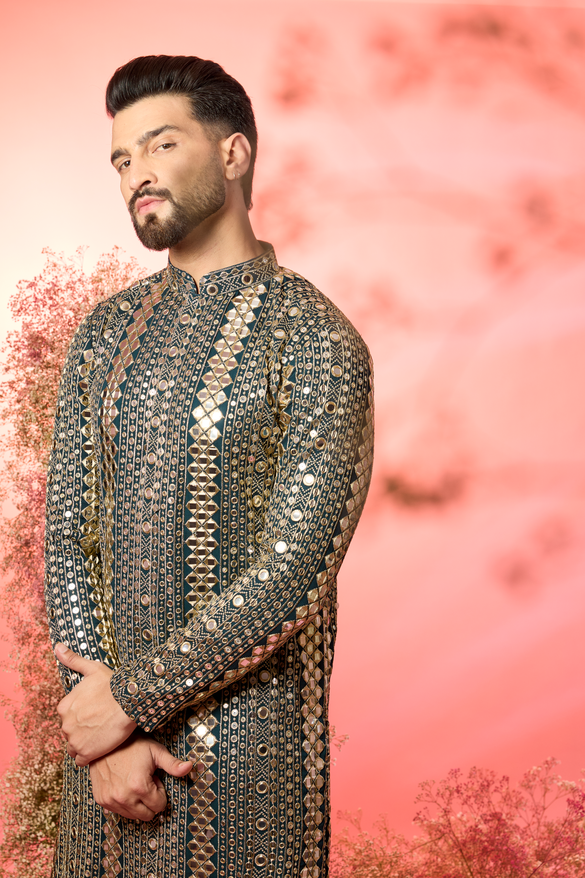 signature bottle green mirror work kurta with heavy zari work