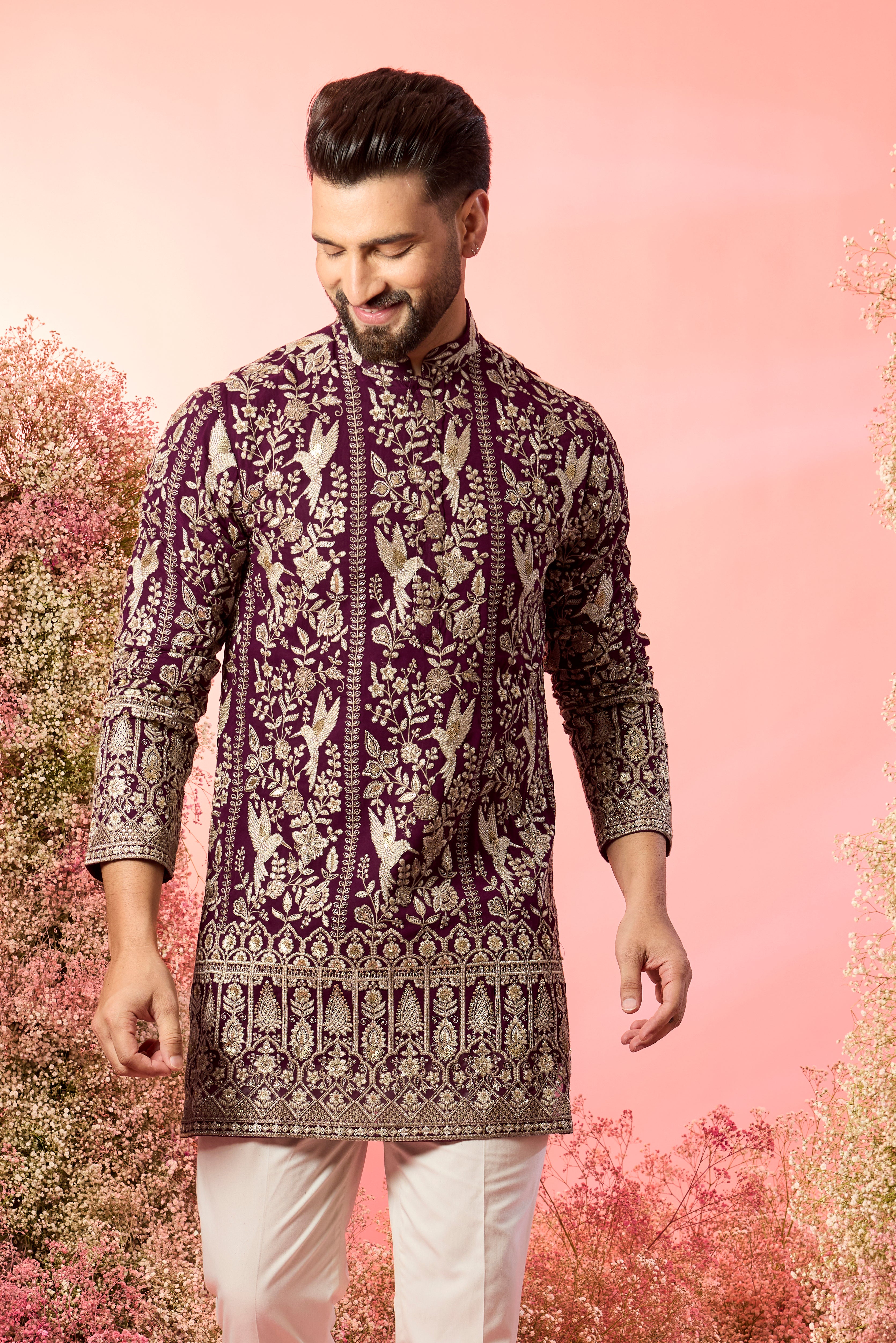 wine short chikankari kurta with intricate flora and fauna figures