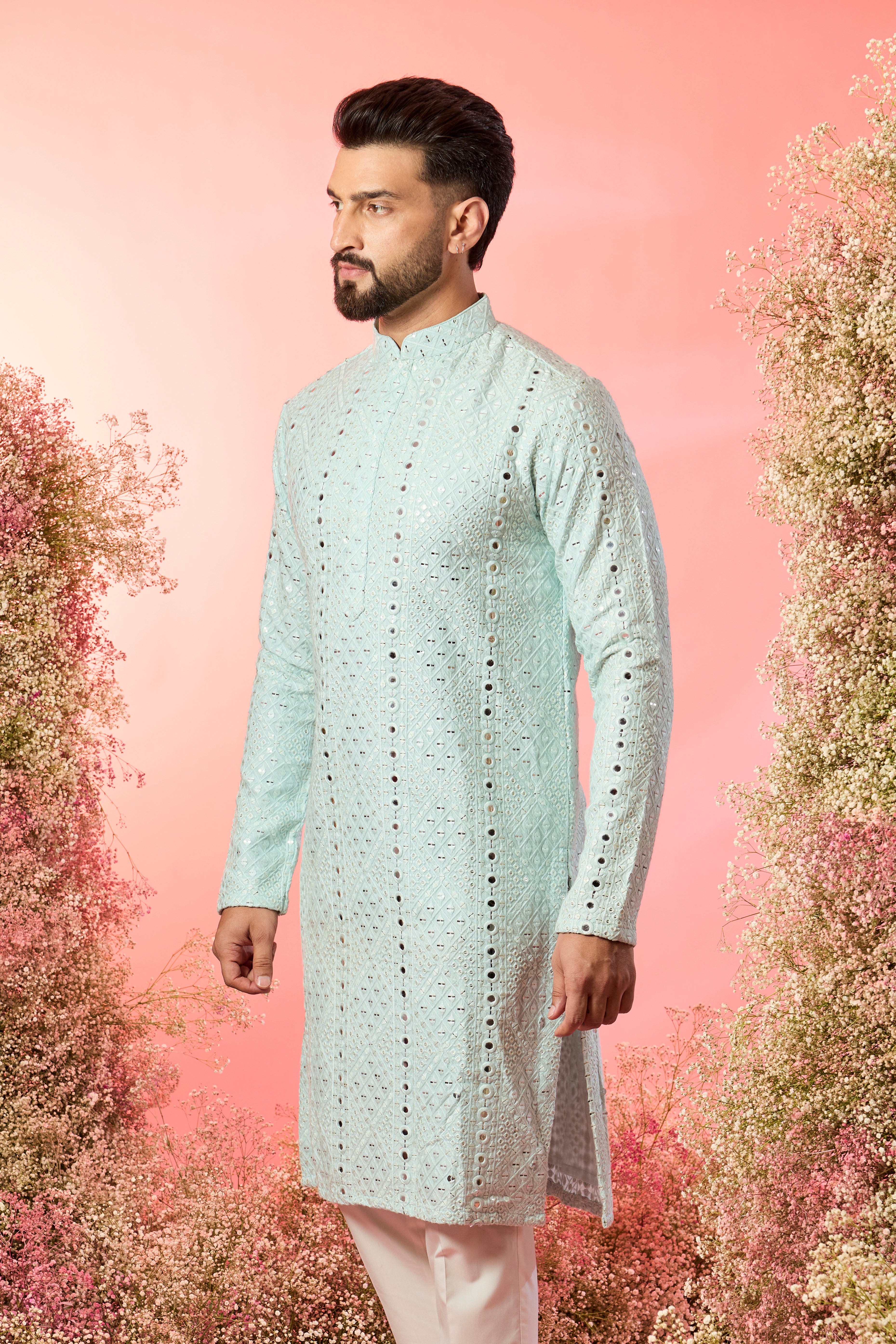 signature aqua blue mirror work kurta
