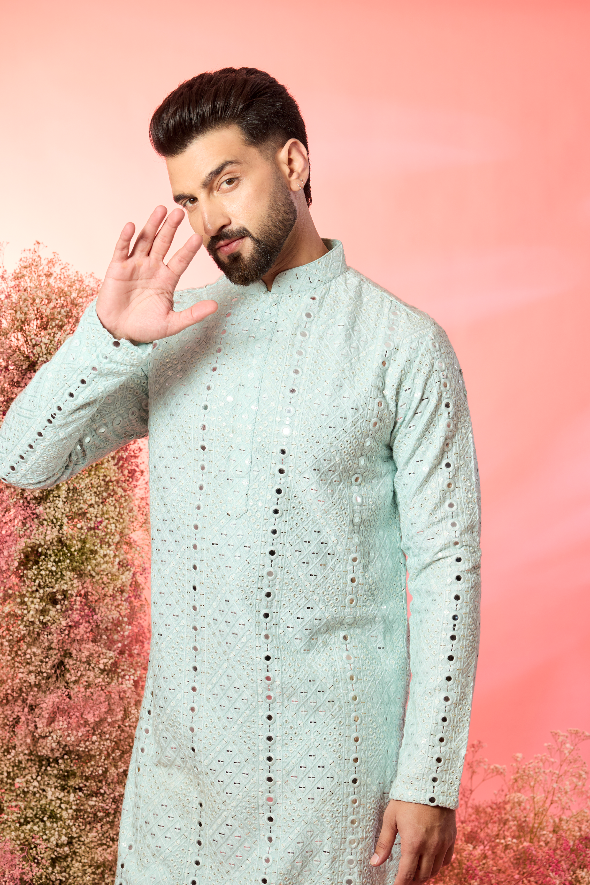 signature aqua blue mirror work kurta