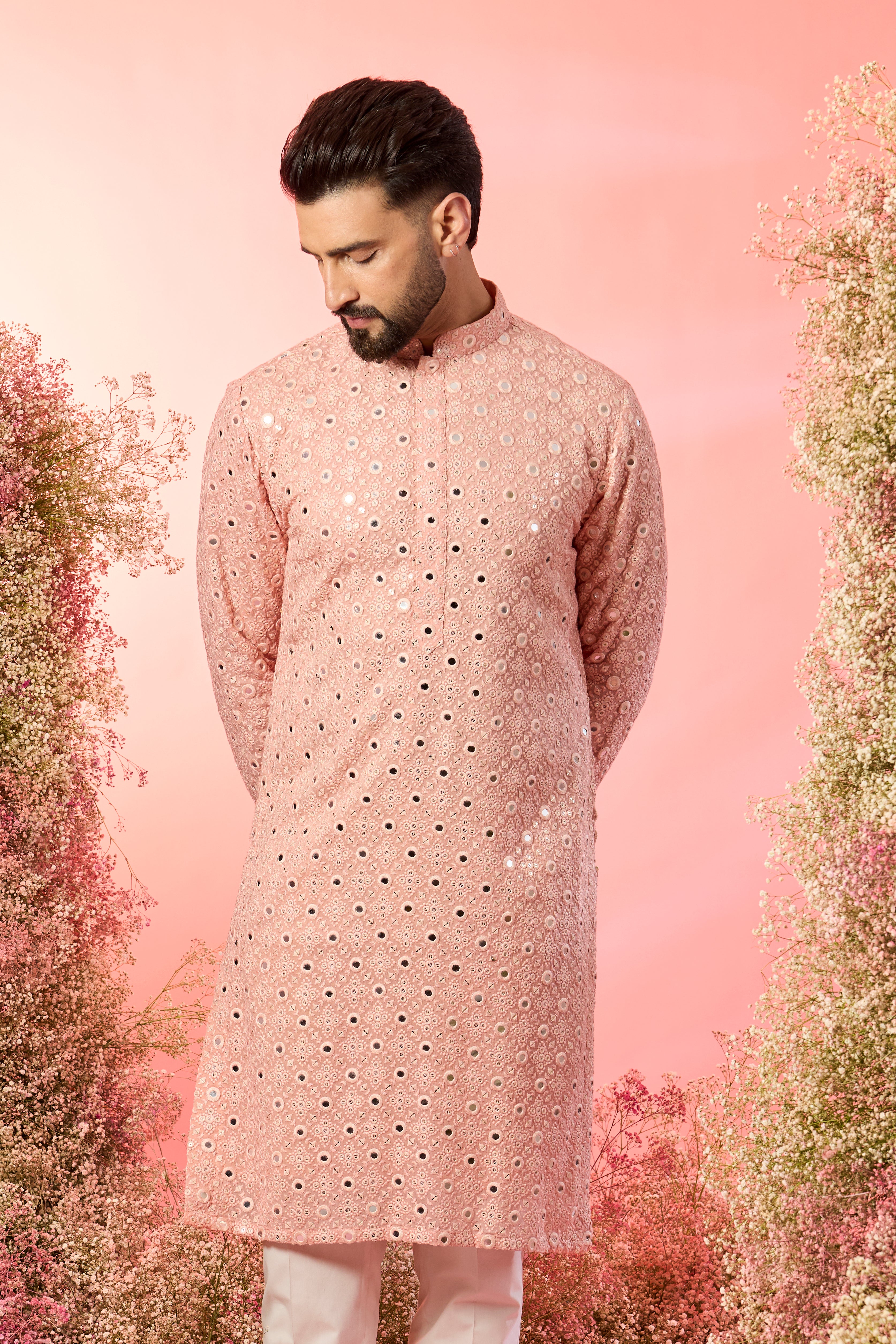 classic peach mirror work kurta