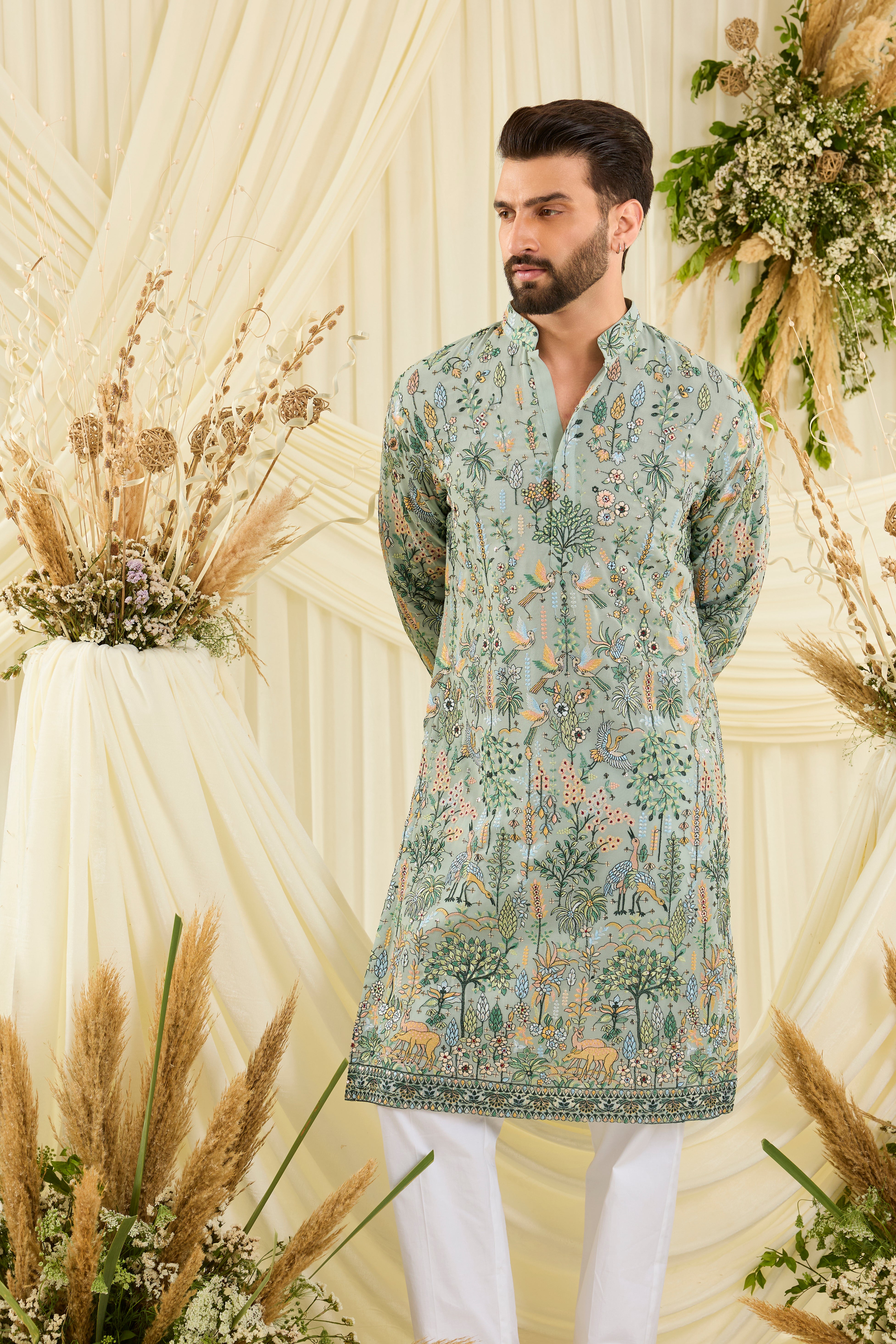 Pastel sage green kurta with intricate flora-fauna embroidery, multicolour threadwork, and delicate sequins for a fresh, elevated festive look.