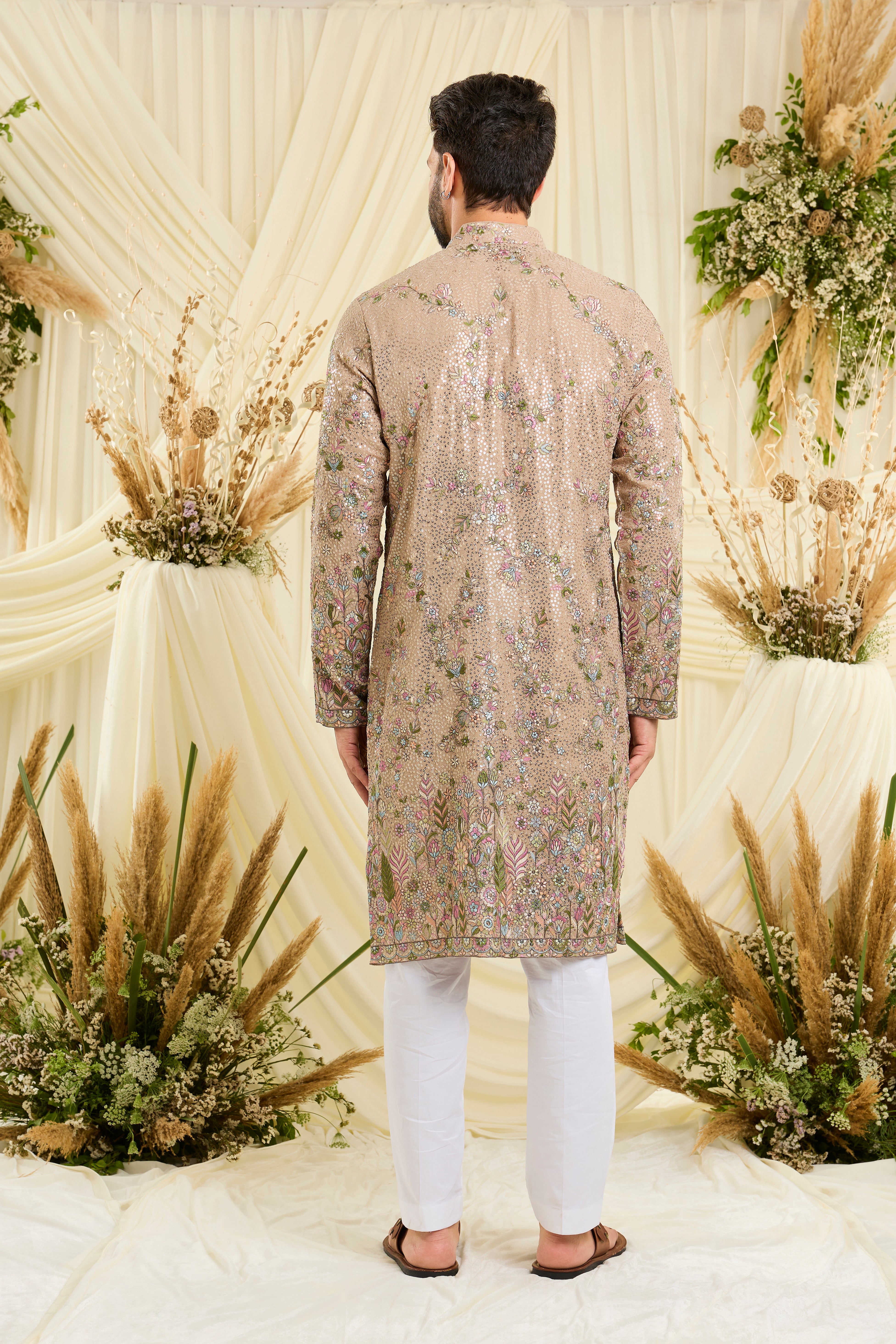 Mouse sequined  kurta with intricate floral embroidery, multicolour threadwork, and detailed sequins for a fresh, elevated festive look.