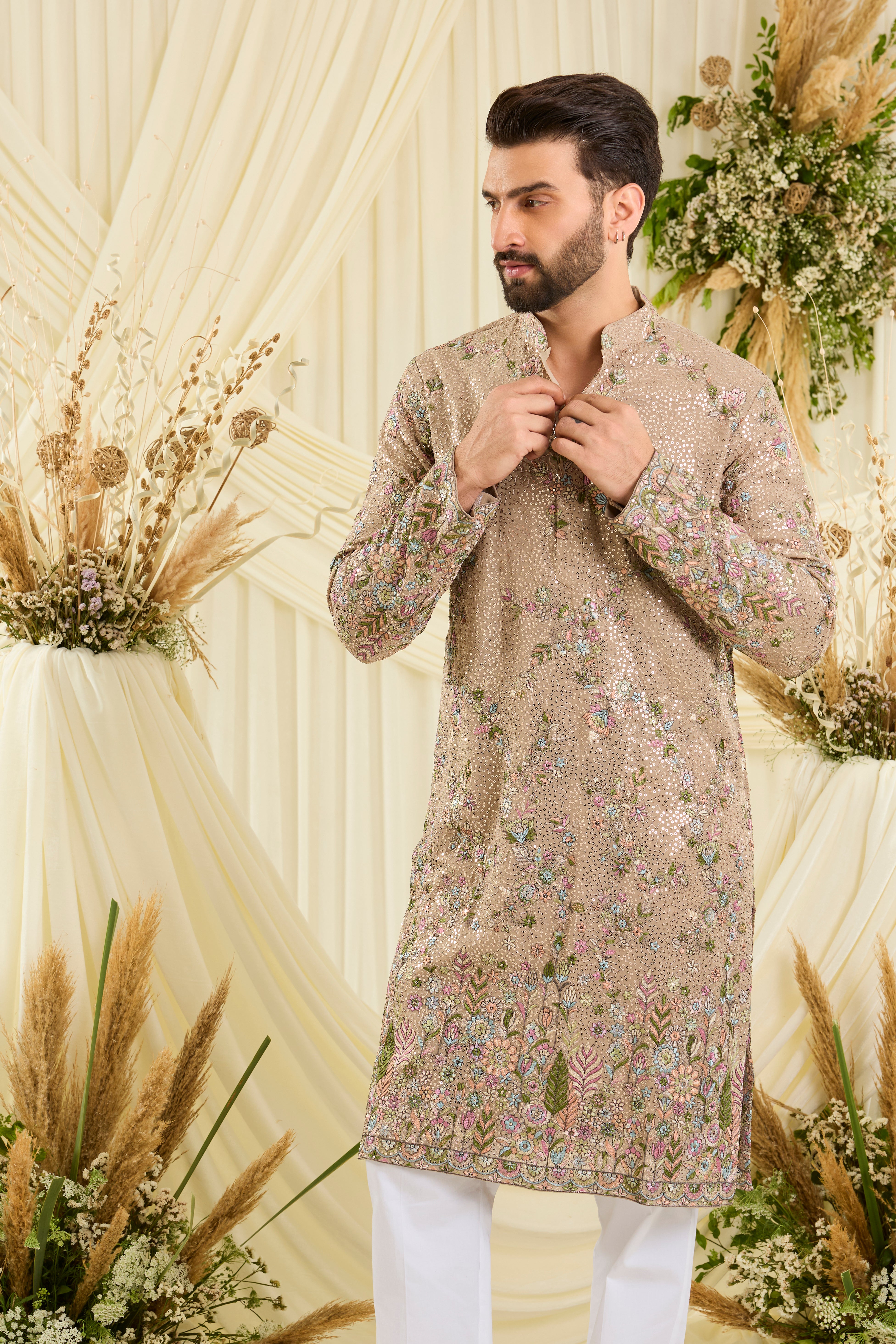 Mouse sequined  kurta with intricate floral embroidery, multicolour threadwork, and detailed sequins for a fresh, elevated festive look.