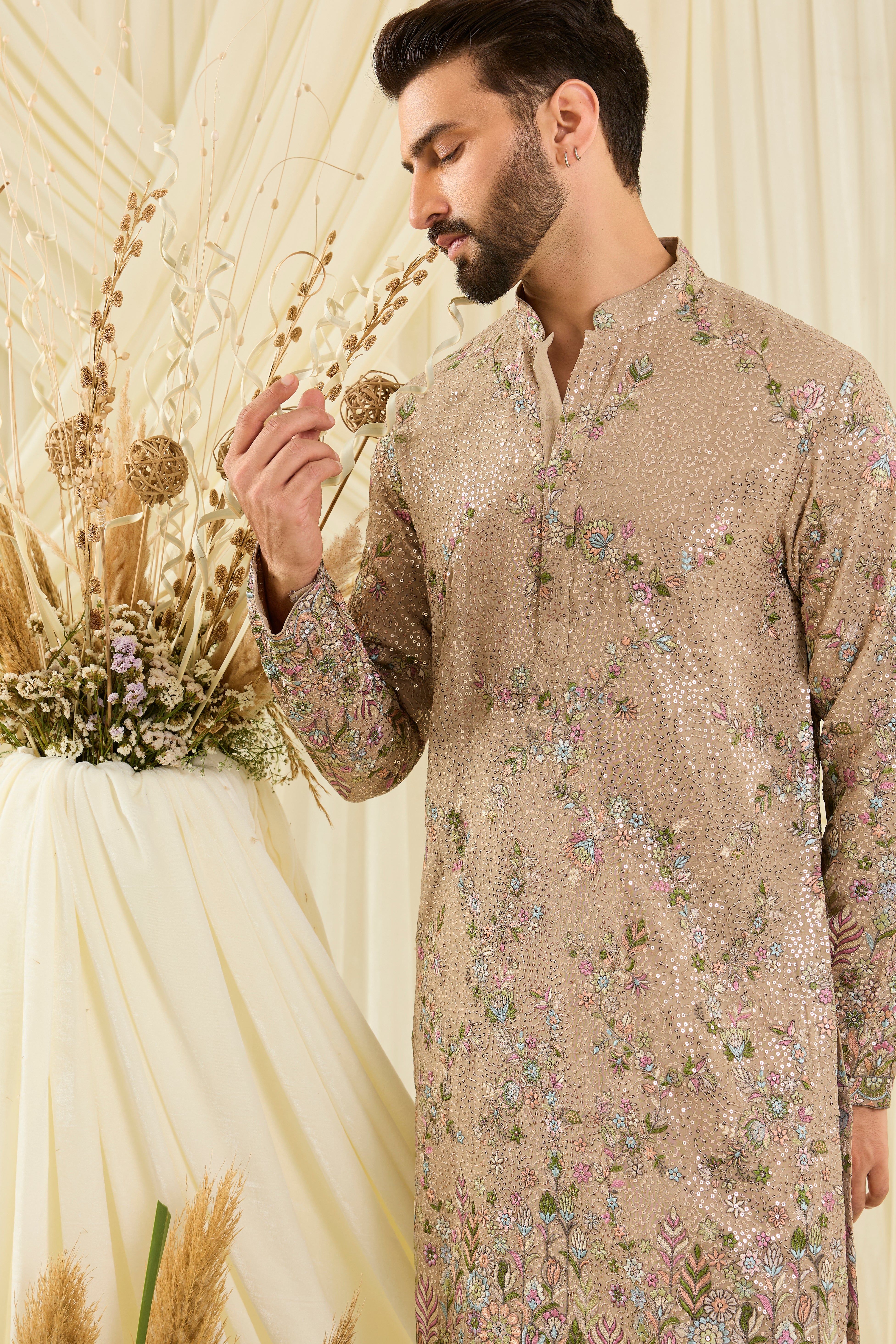 Mouse sequined  kurta with intricate floral embroidery, multicolour threadwork, and detailed sequins for a fresh, elevated festive look.